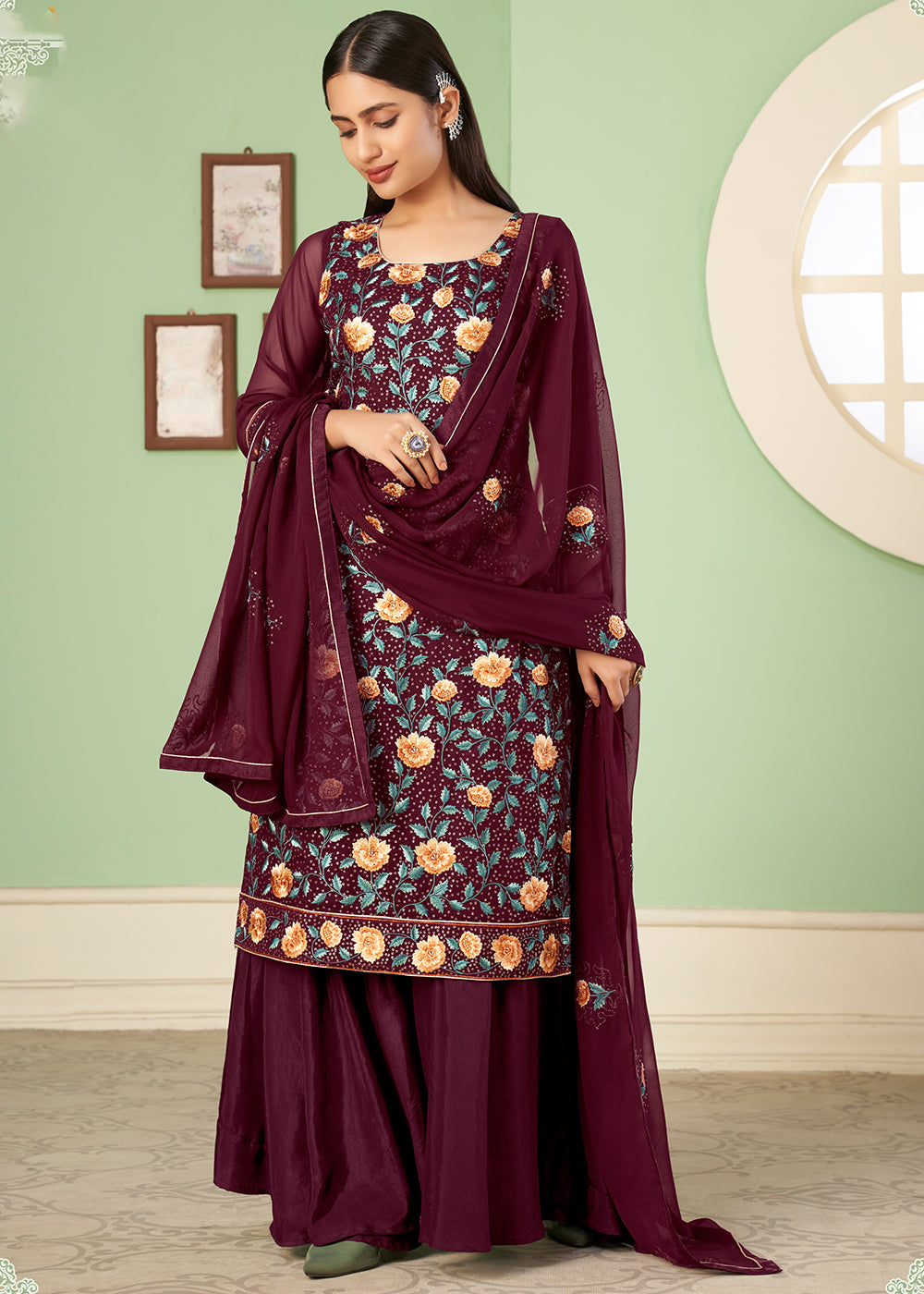 Buy Now Multi Thread Wonderful Maroon Georgette Palazzo Salwar Suit Online in USA, UK, Canada & Worldwide at Empress Clothing. 