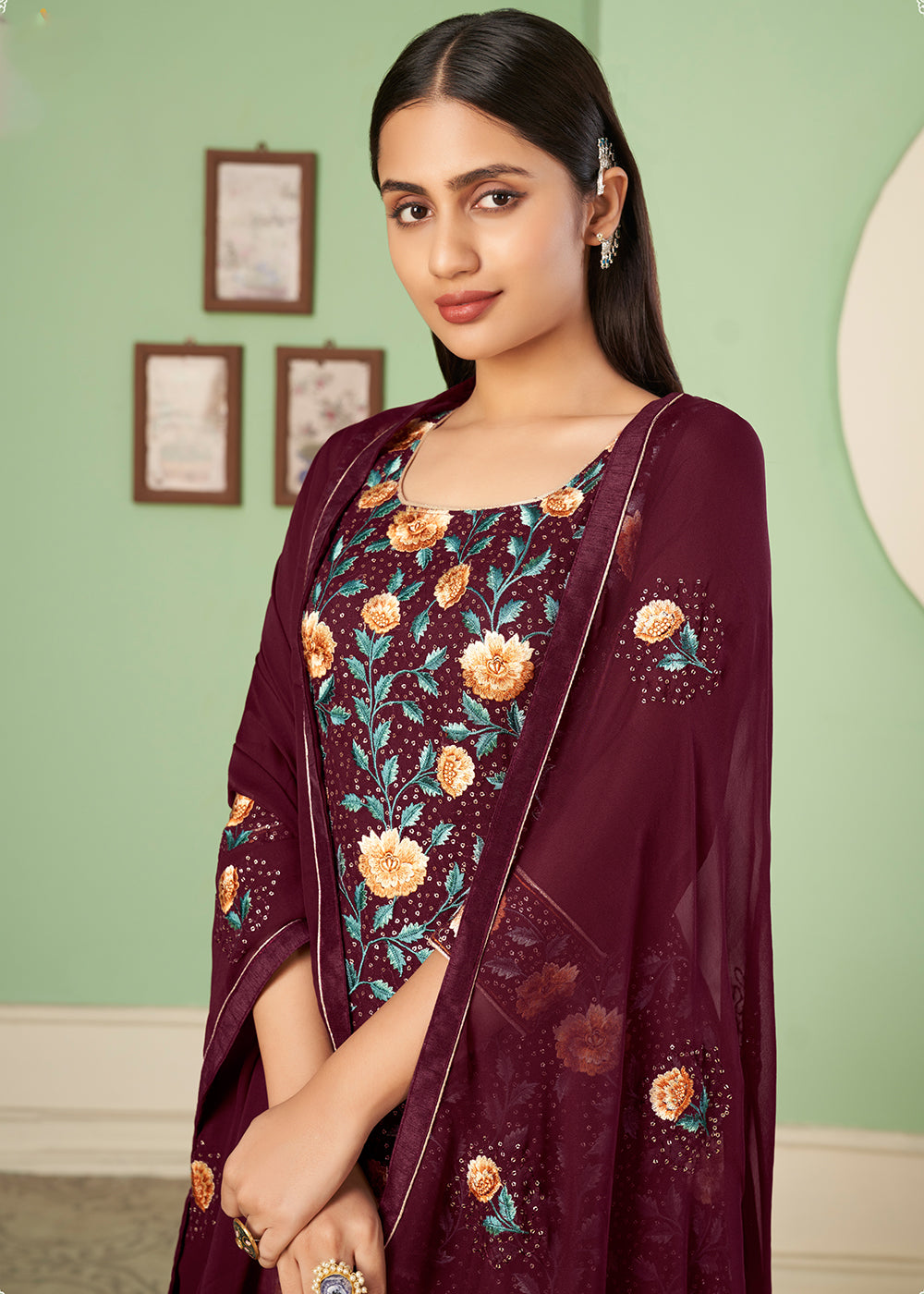Buy Now Multi Thread Wonderful Maroon Georgette Palazzo Salwar Suit Online in USA, UK, Canada & Worldwide at Empress Clothing. 