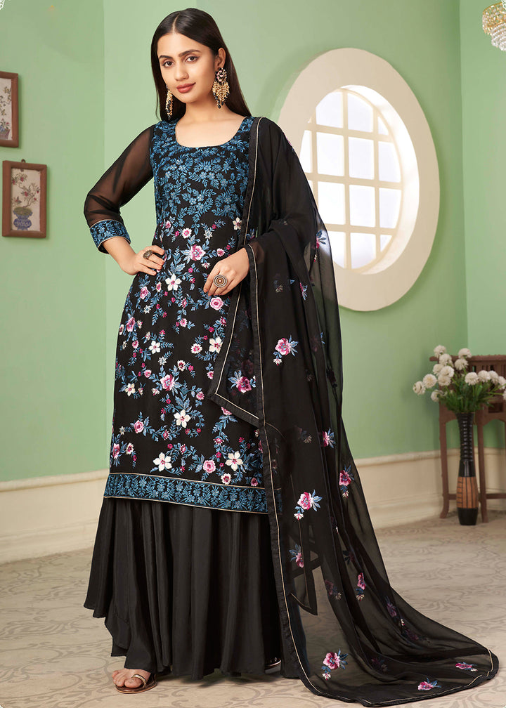 Multi Thread Glamourous Black Georgette Palazzo Salwar Suit