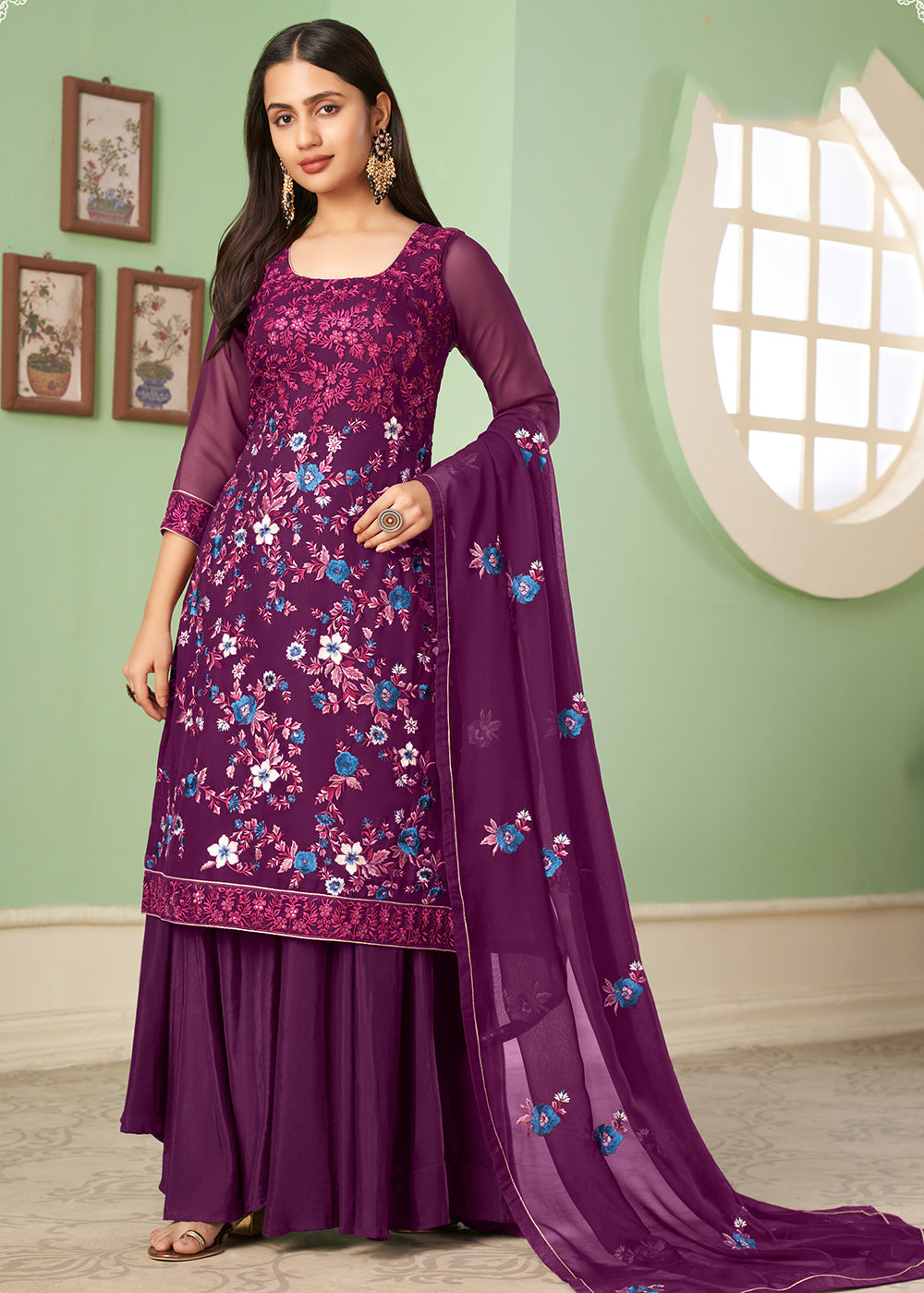 Buy Now Multi Thread Glorious Purple Georgette Palazzo Salwar Suit Online in USA, UK, Canada & Worldwide at Empress Clothing.