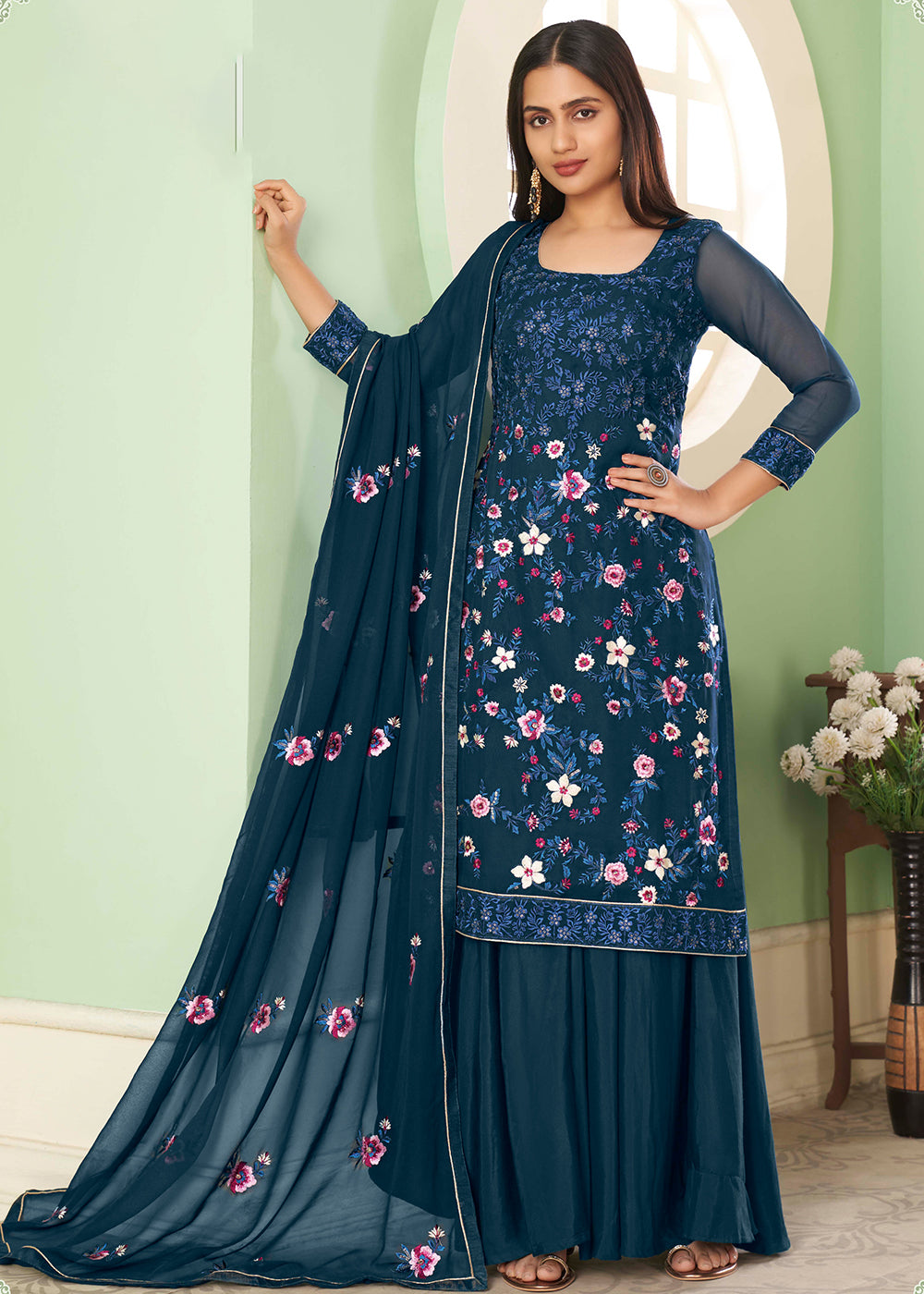 Buy Now Multi Thread Prussian Blue Georgette Palazzo Salwar Suit Online in USA, UK, Canada & Worldwide at Empress Clothing.