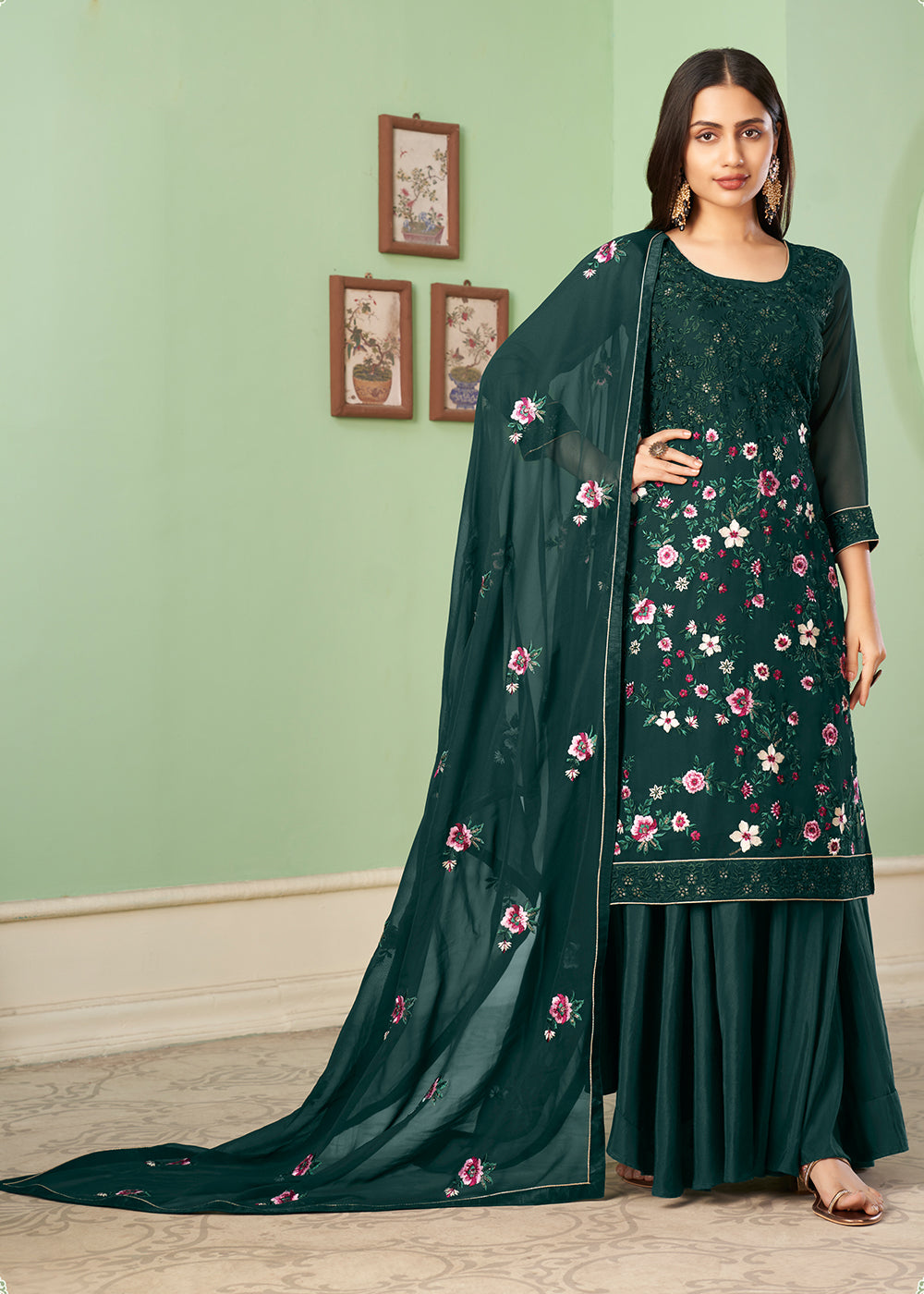 Buy Now Multi Thread Ingenious Dark Green Georgette Palazzo Salwar Suit Online in USA, UK, Canada & Worldwide at Empress Clothing. 