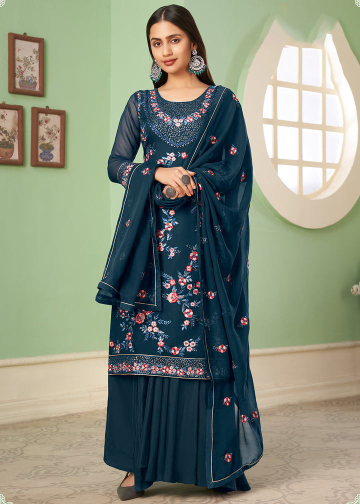 Buy Now Multi Thread Lovely Teal Georgette Palazzo Salwar Suit Online in USA, UK, Canada & Worldwide at Empress Clothing.