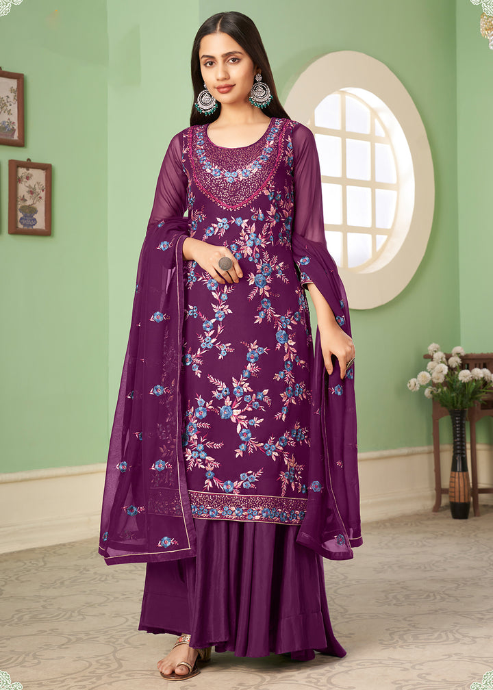 Buy Now Multi Thread Enticing Purple Georgette Palazzo Salwar Suit Online in USA, UK, Canada & Worldwide at Empress Clothing. 