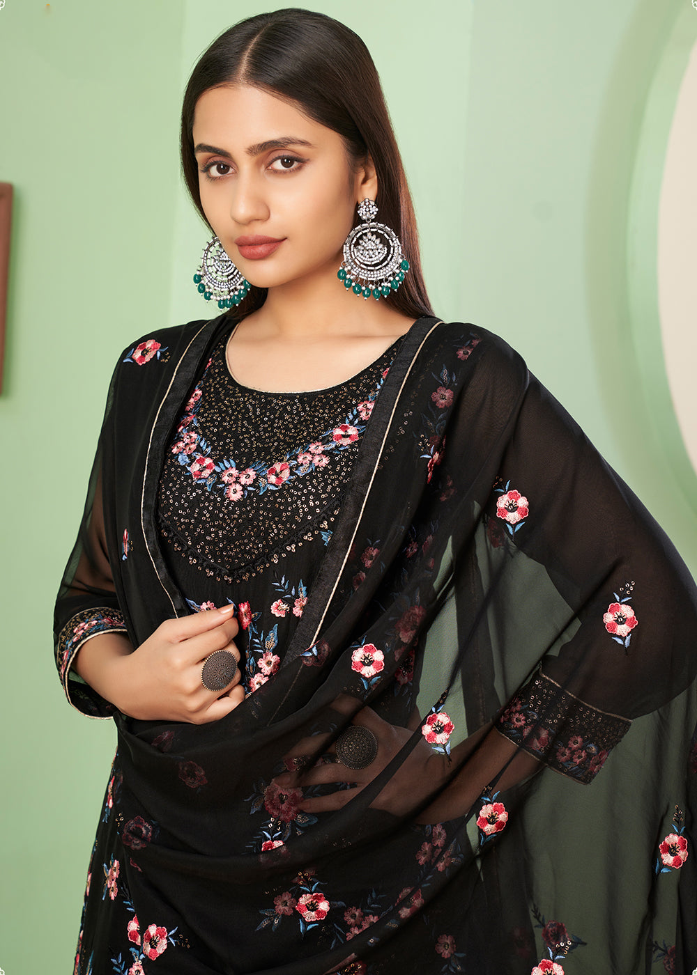 Buy Now Multi Thread Delicate Black Georgette Palazzo Salwar Suit Online in USA, UK, Canada & Worldwide at Empress Clothing.