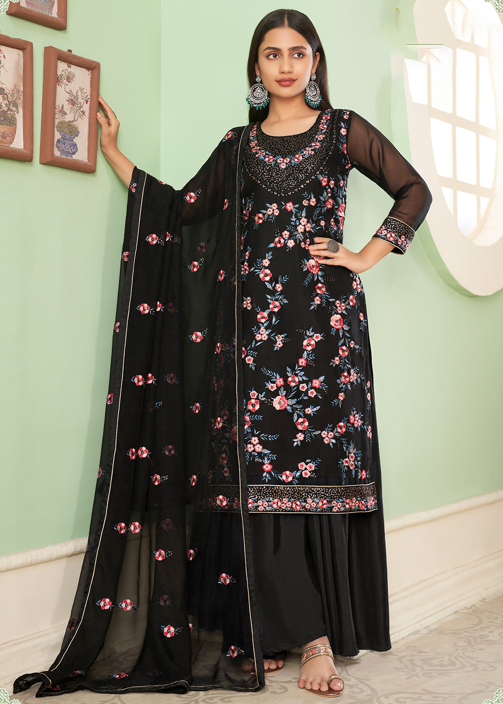 Buy Now Multi Thread Delicate Black Georgette Palazzo Salwar Suit Online in USA, UK, Canada & Worldwide at Empress Clothing.