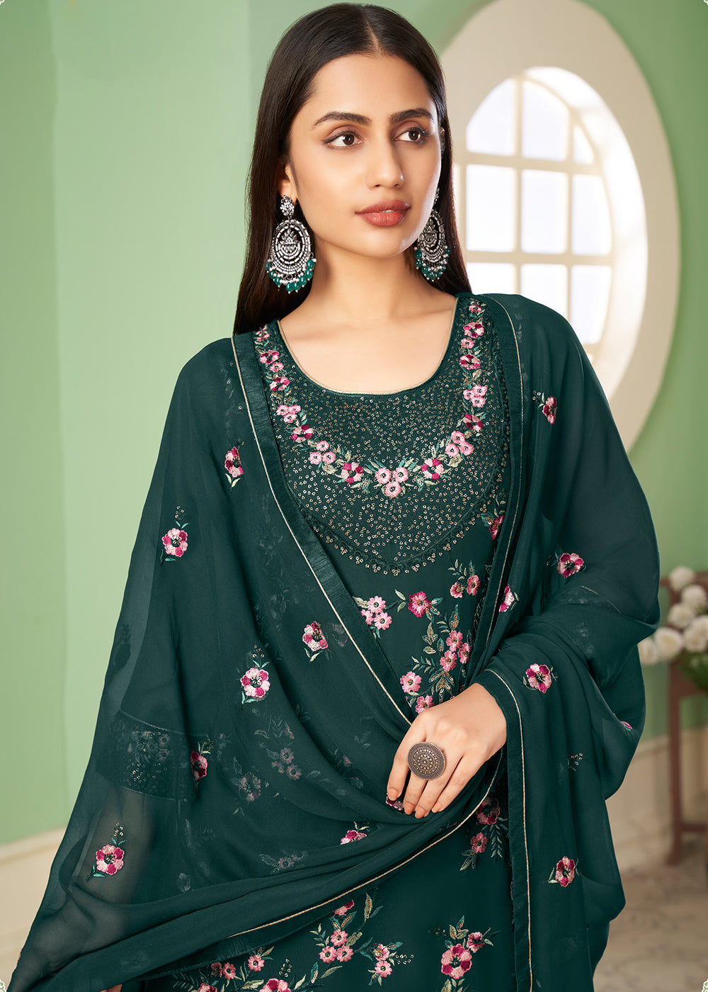 Buy Now Multi Thread Chic Green Georgette Palazzo Salwar Suit Online in USA, UK, Canada & Worldwide at Empress Clothing.
