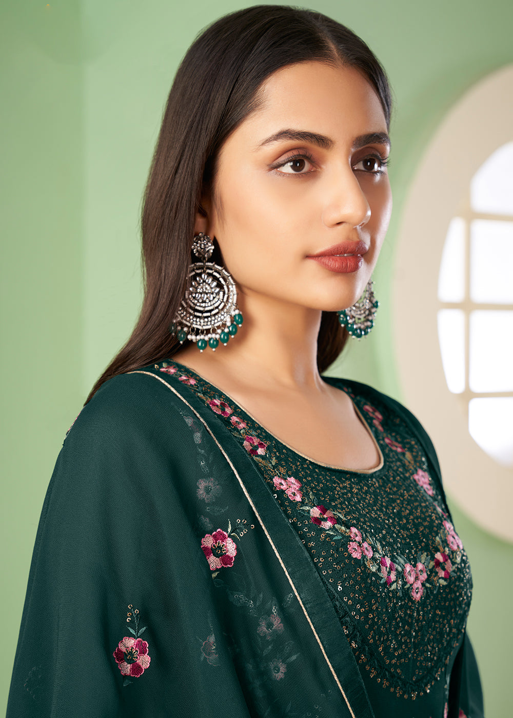 Buy Now Multi Thread Chic Green Georgette Palazzo Salwar Suit Online in USA, UK, Canada & Worldwide at Empress Clothing.