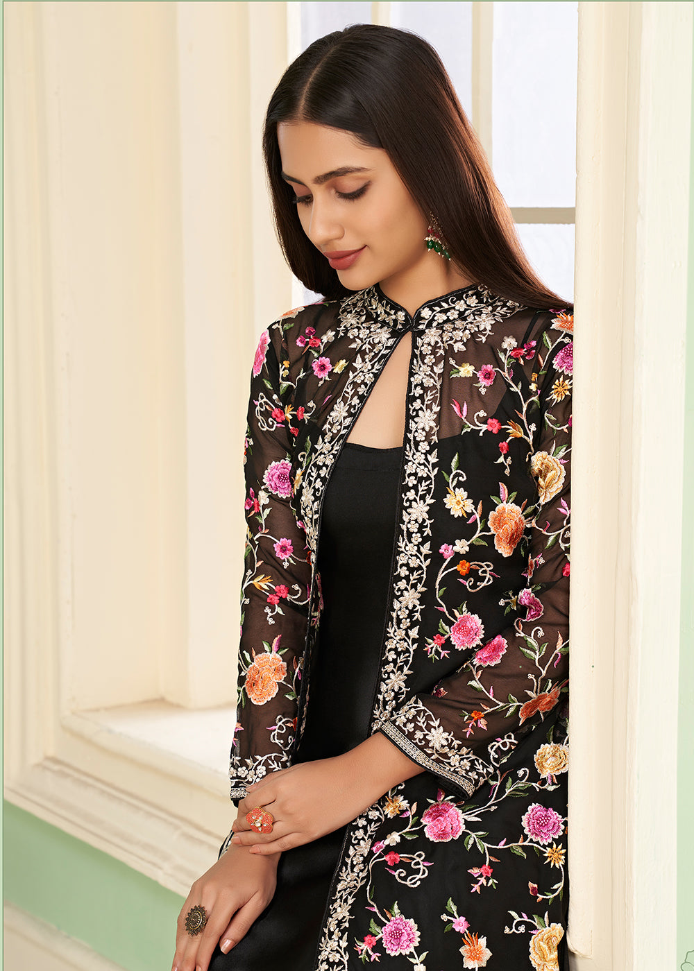 Buy Now Pant Style Sassy Black Party Wear Jacket Style Salwar Suit Online in USA, UK, Canada, Germany, Australia & Worldwide at Empress Clothing.