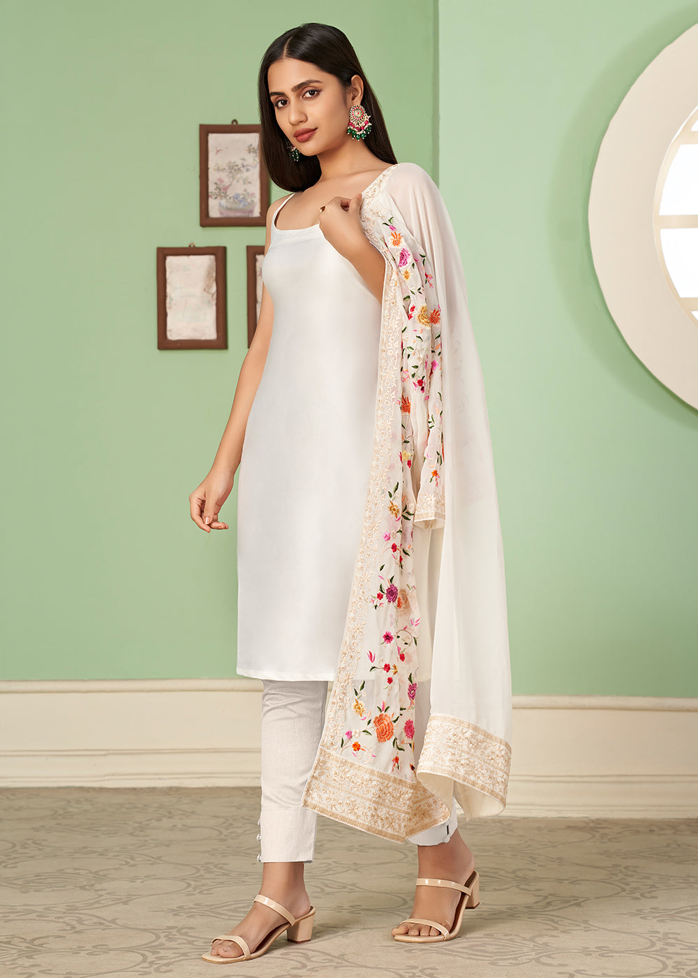 Pakistani Fancy Embroidered Off-white Shalwar Kameez with Red Georgette  Dupatta