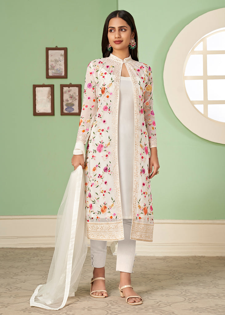 Jacket Style Salwar Suit - Pant Style Off-White Party Wear –