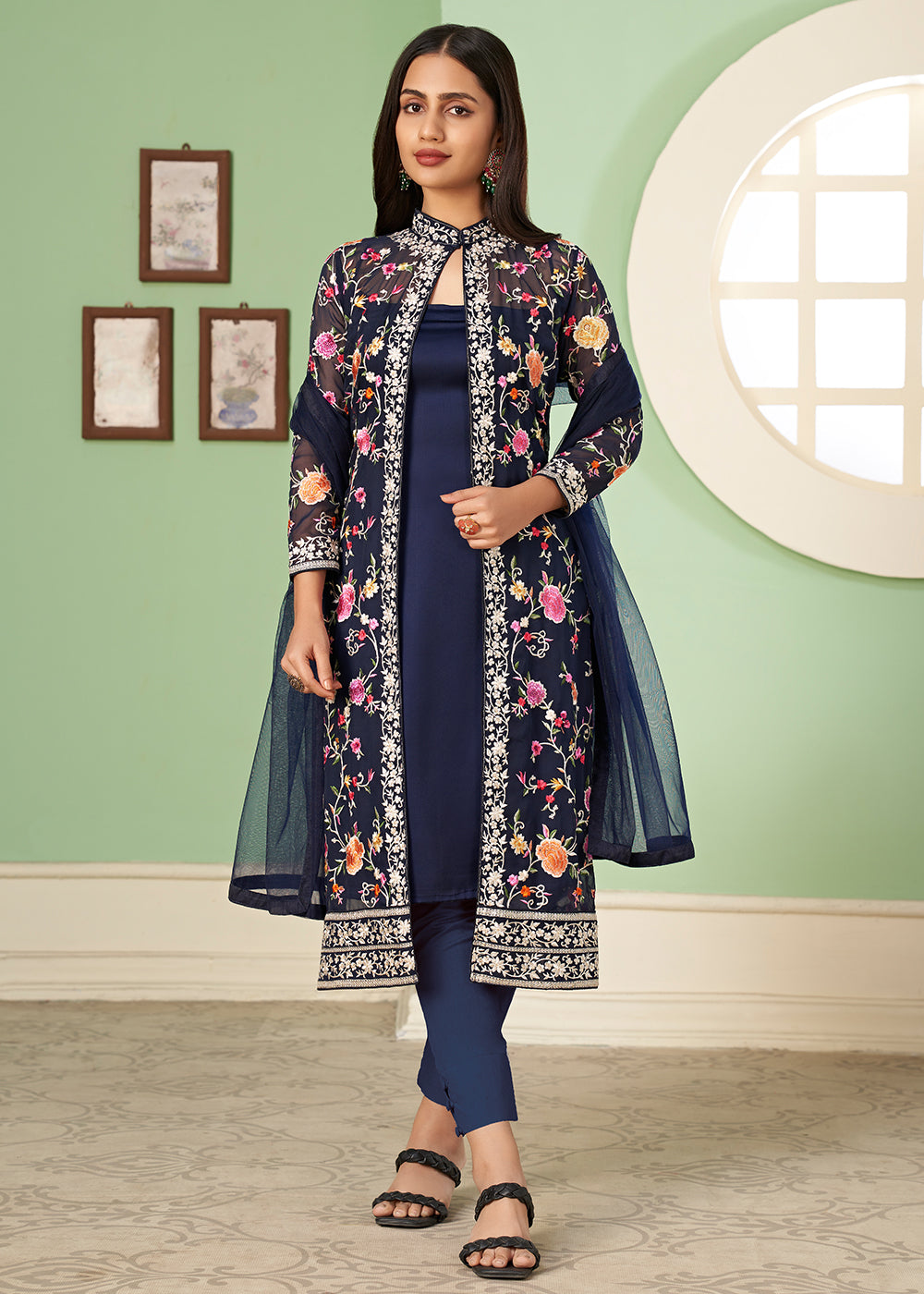 Buy Now Pant Style Enchanting Blue Party Wear Jacket Style Salwar Suit Online in USA, UK, Canada, Germany, Australia & Worldwide at Empress Clothing. 