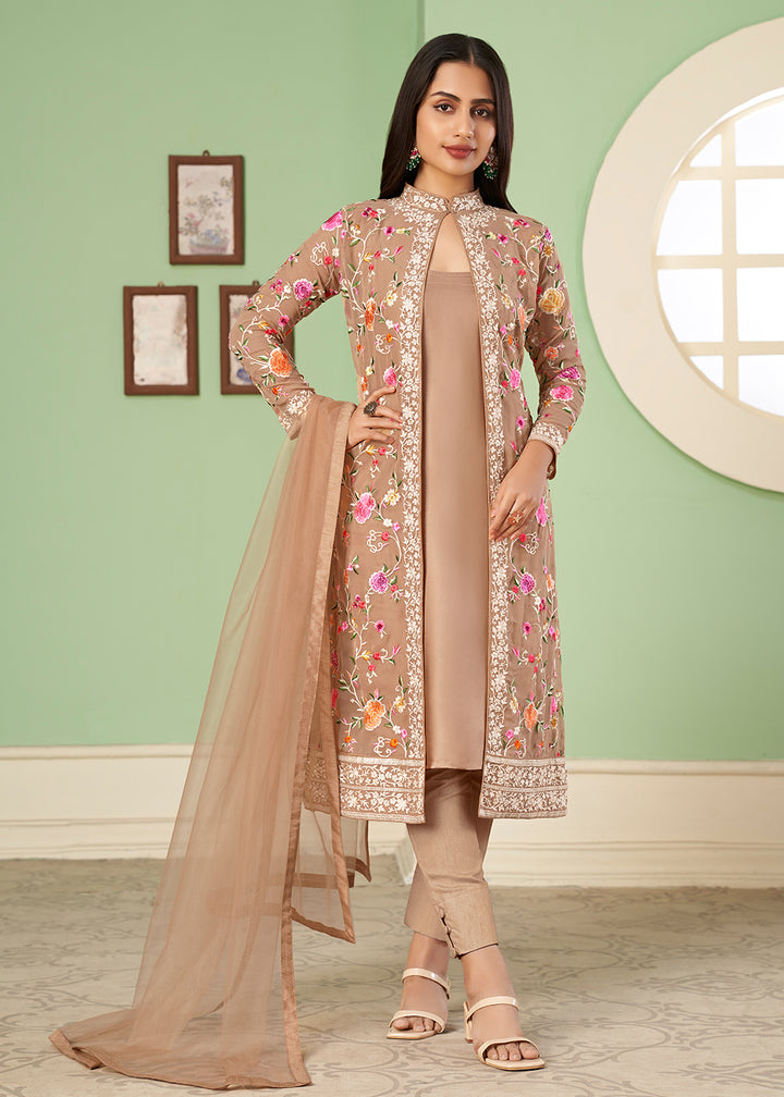 Buy Now Pant Style Charismatic Light Brown Party Wear Jacket Style Salwar Suit Online in USA, UK, Canada, Germany, Australia & Worldwide at Empress Clothing.