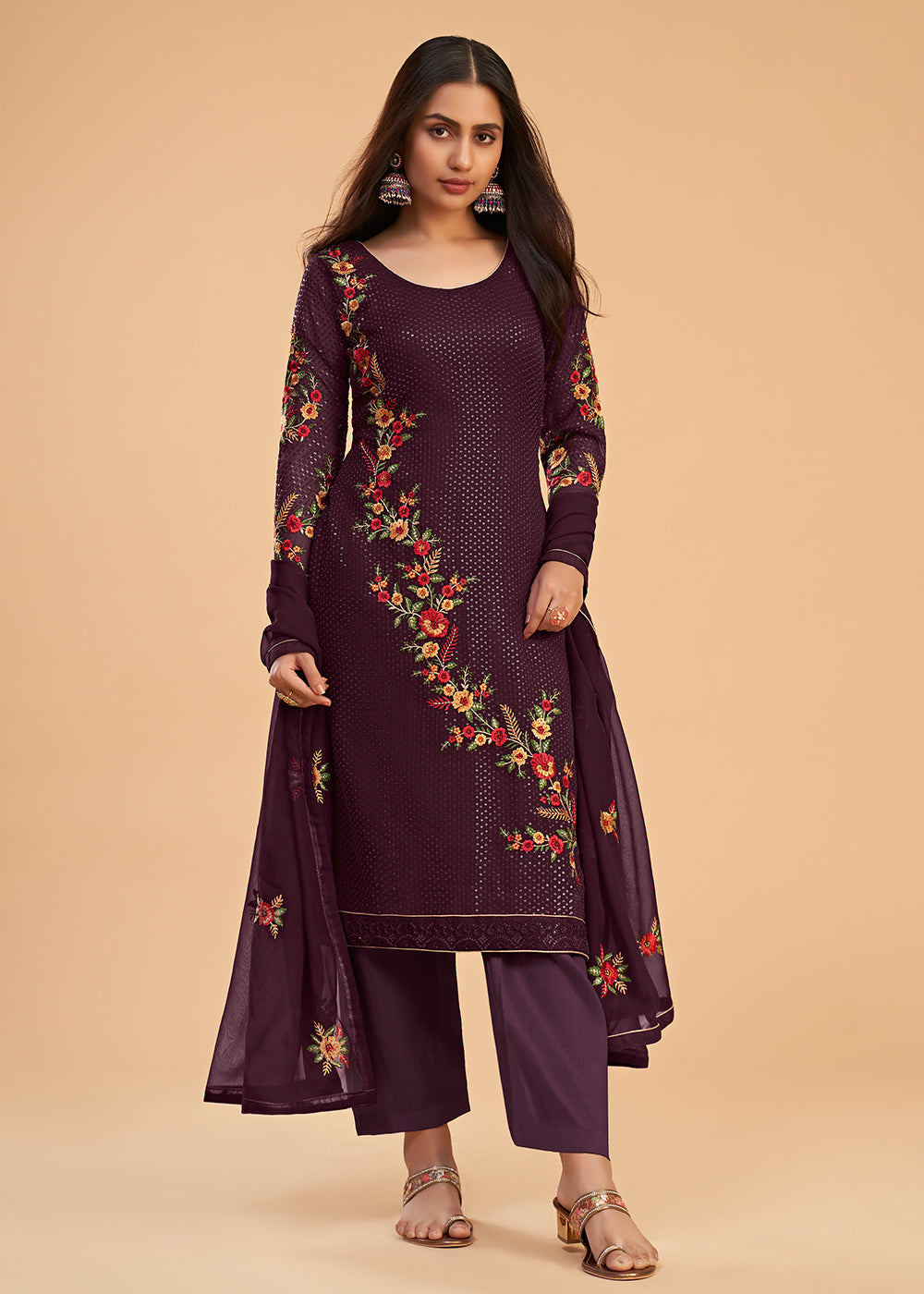 Buy Now Floral Embroidered Wine Indian Wedding Wear Salwar Suit Online in USA, UK, Canada, Germany, Australia & Worldwide at Empress Clothing.