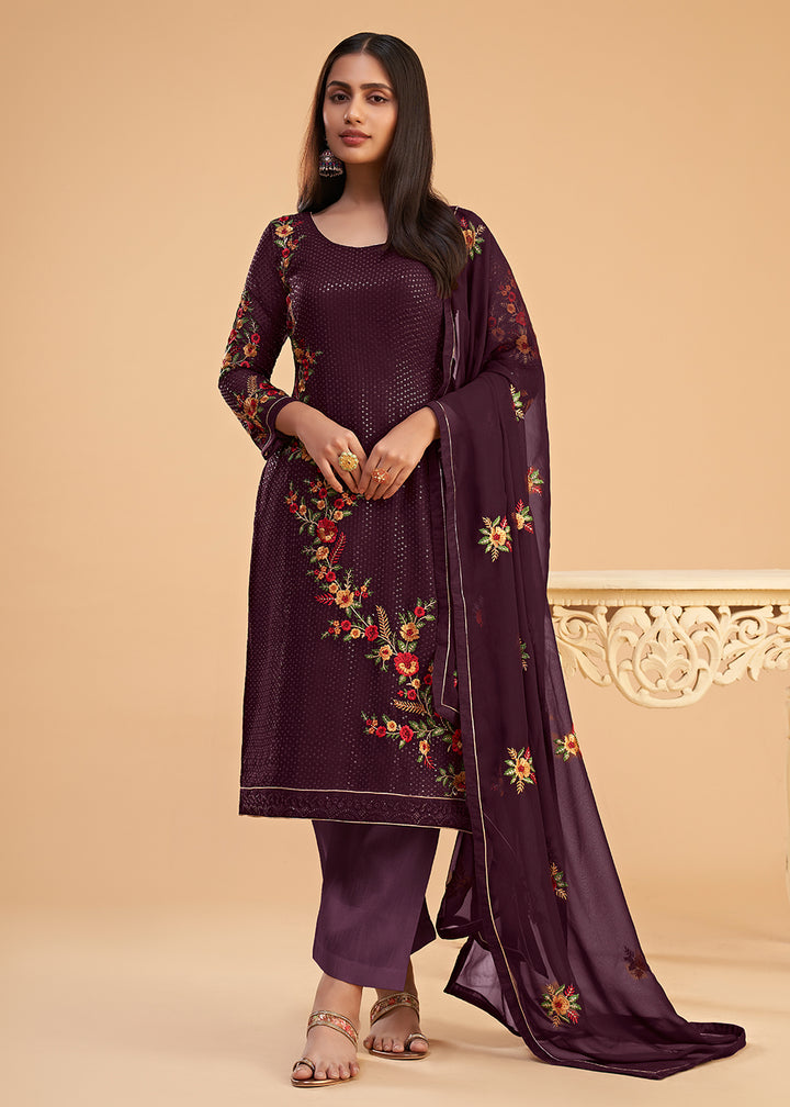 Buy Now Floral Embroidered Wine Indian Wedding Wear Salwar Suit Online in USA, UK, Canada, Germany, Australia & Worldwide at Empress Clothing.