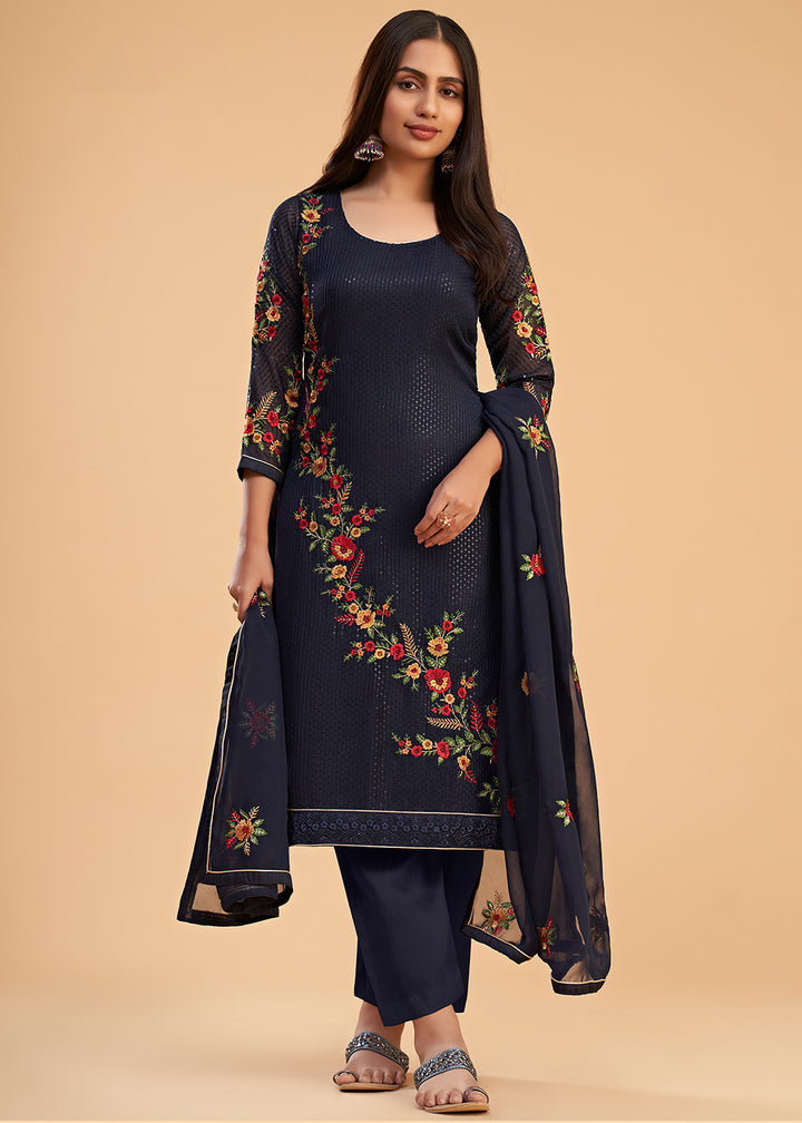 Buy Now Floral Embroidered Navy Blue Indian Wedding Wear Salwar Suit Online in USA, UK, Canada, Germany, Australia & Worldwide at Empress Clothing.