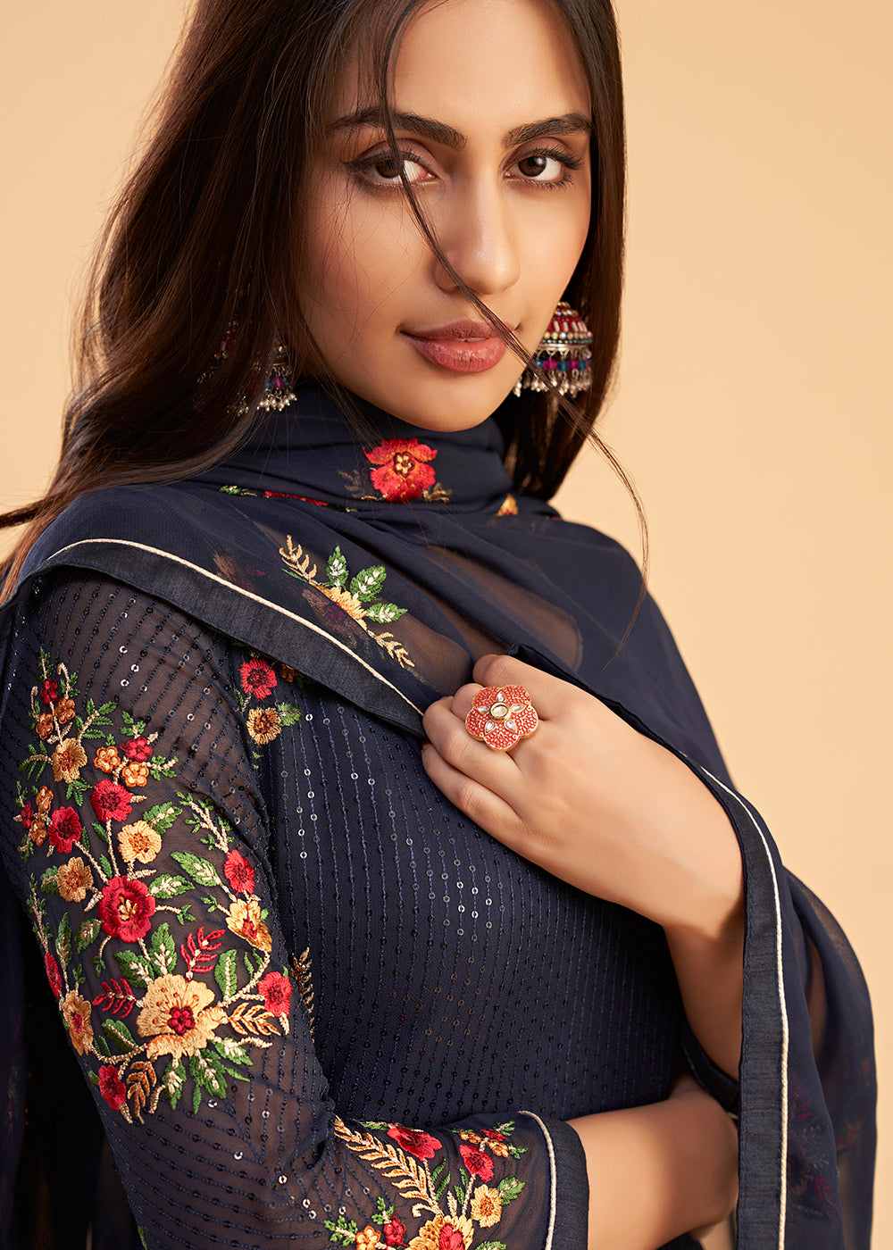 Buy Now Floral Embroidered Navy Blue Indian Wedding Wear Salwar Suit Online in USA, UK, Canada, Germany, Australia & Worldwide at Empress Clothing.