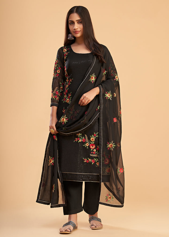 Buy Now Floral Embroidered Black Indian Wedding Wear Salwar Suit Online in USA, UK, Canada, Germany, Australia & Worldwide at Empress Clothing.