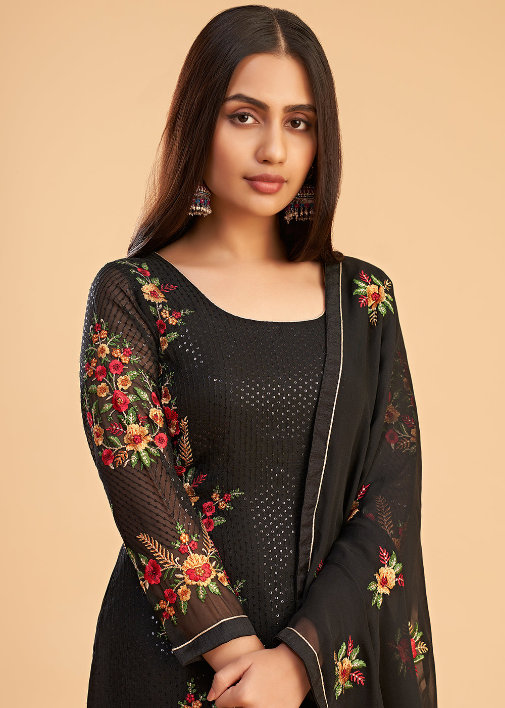 Indian Wedding Wear Salwar Suit - Floral Embroidered Black Salwar Suit Empress Clothing Indian Wedding Wear Salwar Suit - Floral Embroidered Black Salwar Suit Empress Clothing
