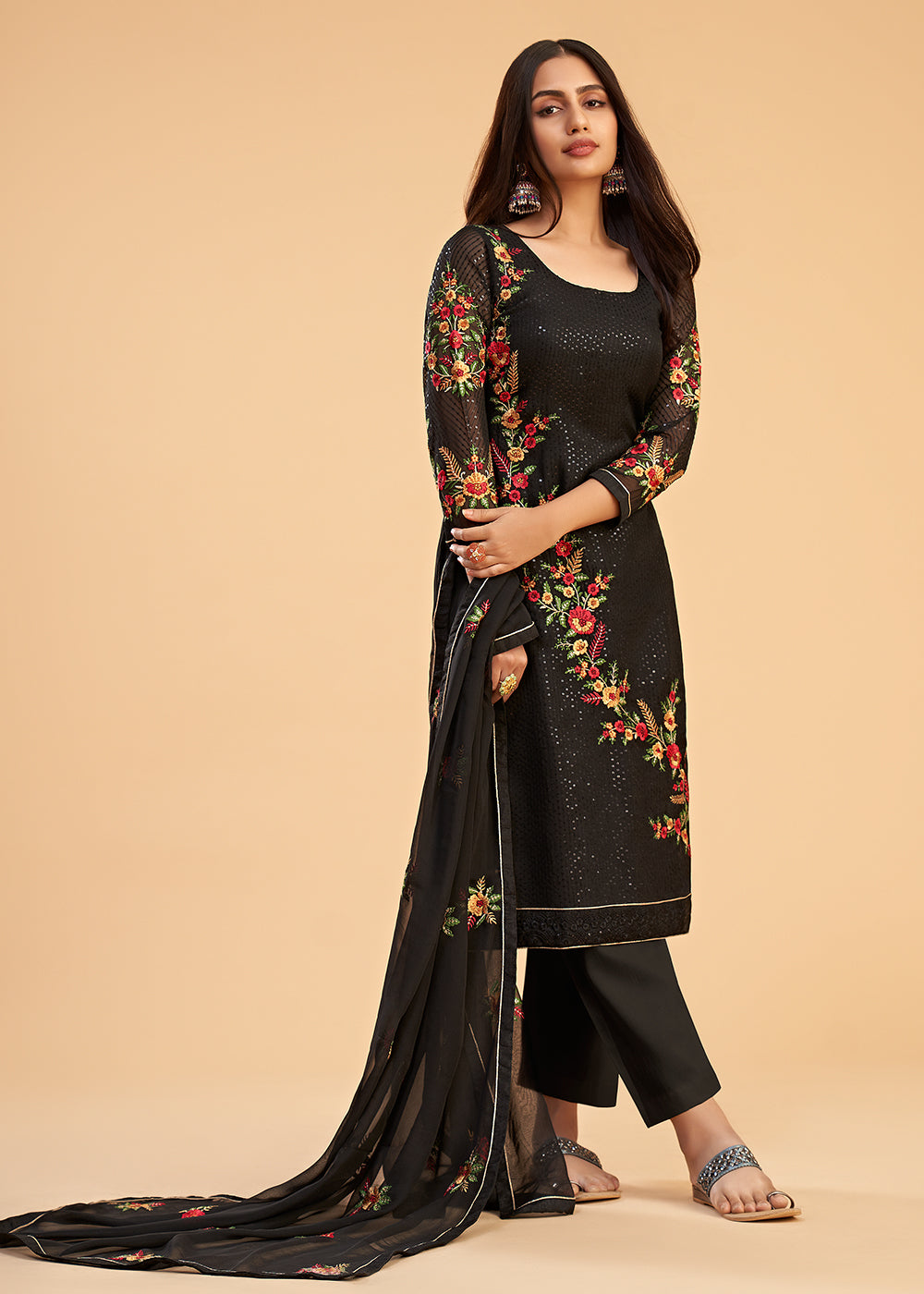 Indian Wedding Wear Salwar Suit Floral Embroidered Black Salwar