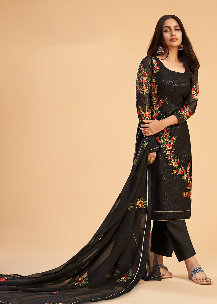 Floral Embroidered Black Indian Wedding Wear Salwar Suit