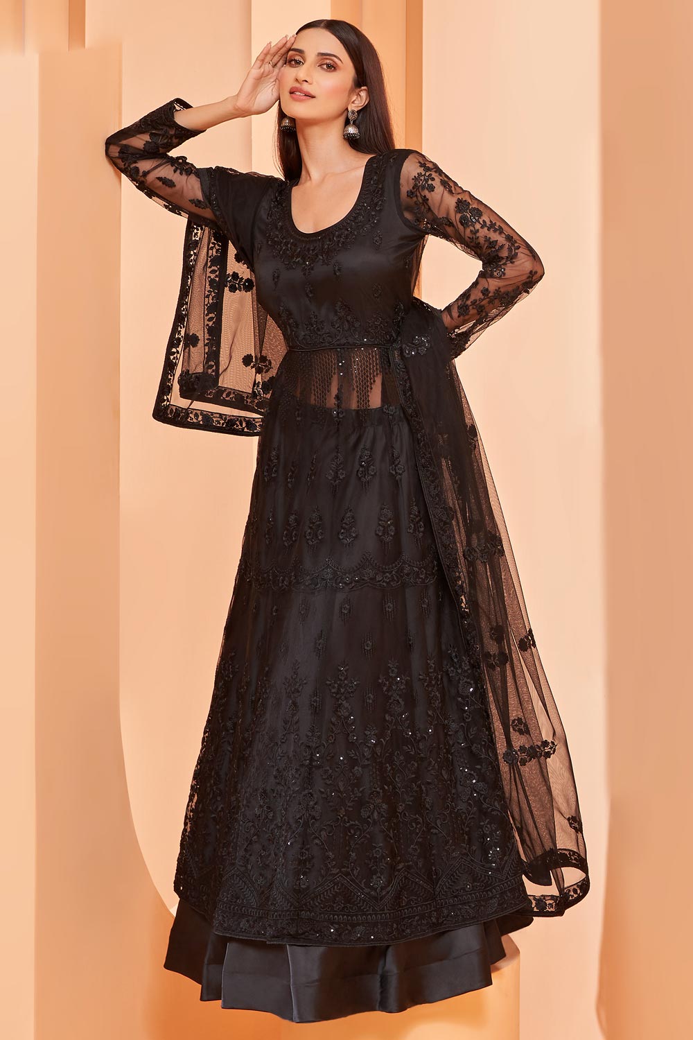 Buy Lehenga/Pant Style Black Anarkali - Sequins Work  Anarkali Suit