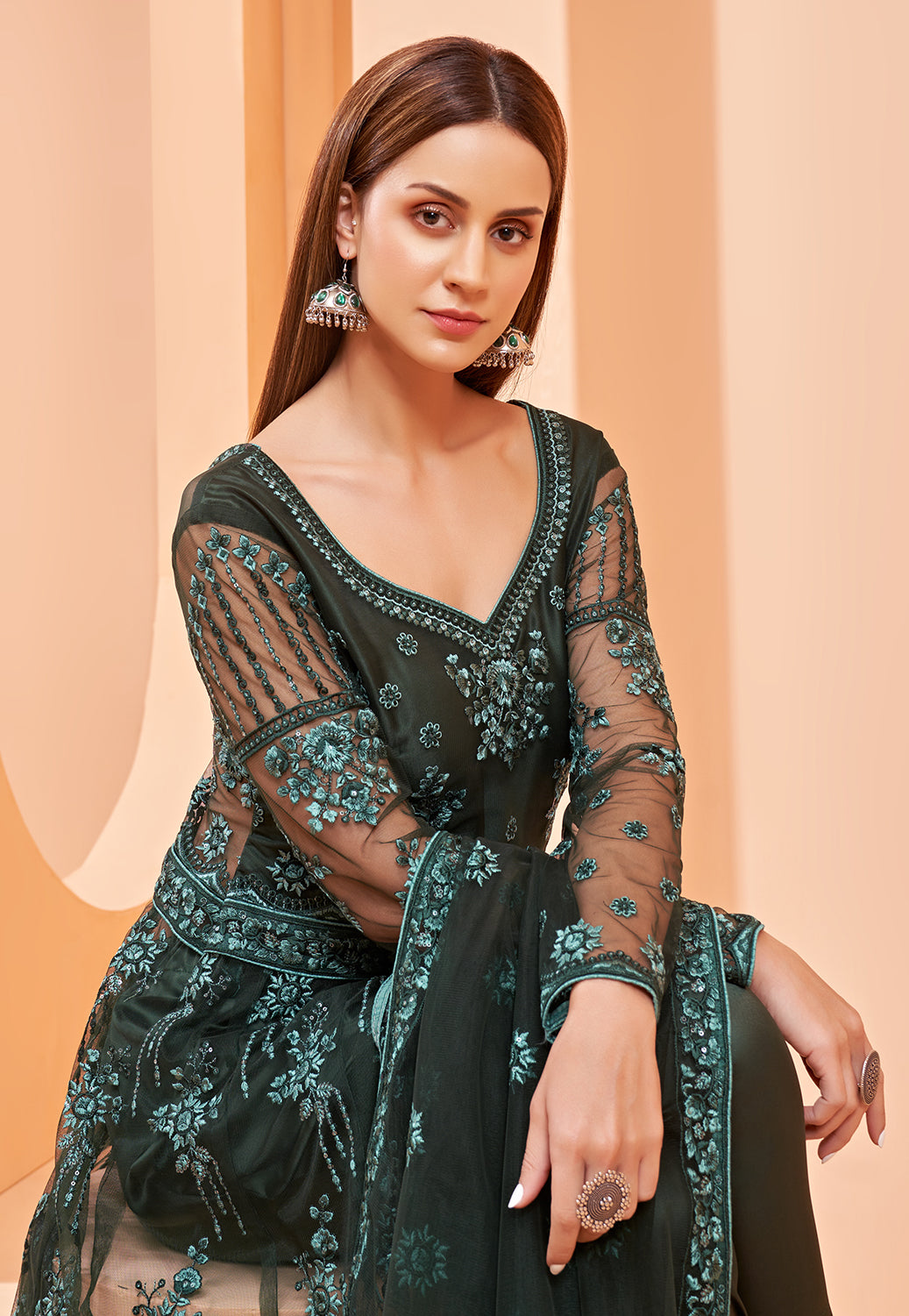 Buy Lehenga/Pant Style Green Anarkali - Sequins Work  Anarkali Suit