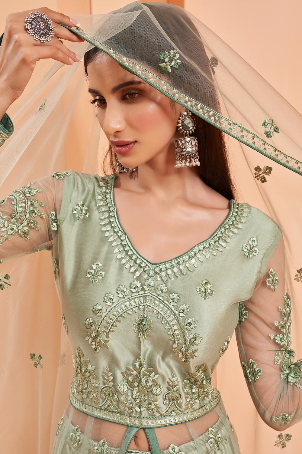 Buy Lehenga/Pant Style Pastel Green Anarkali - Sequins Work  Anarkali Suit