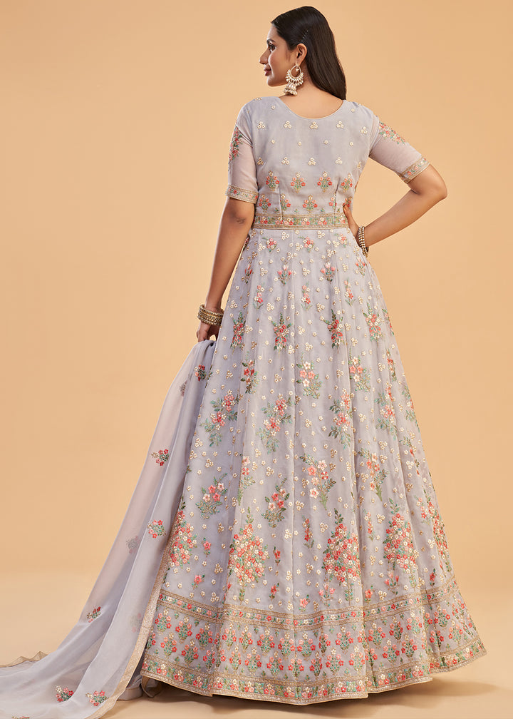 Buy Light Lavender Multi Thread Embroidered Georgette Anarkali Gown