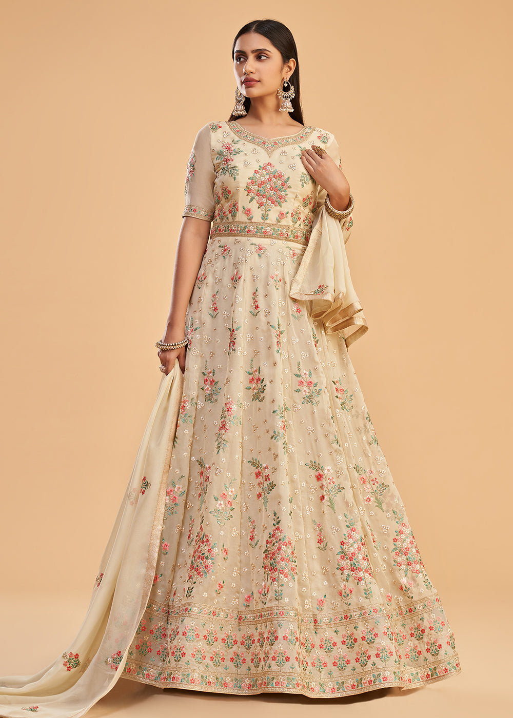 Buy Now Dusty Yellow Multi Thread Embroidered Georgette Anarkali Gown Online