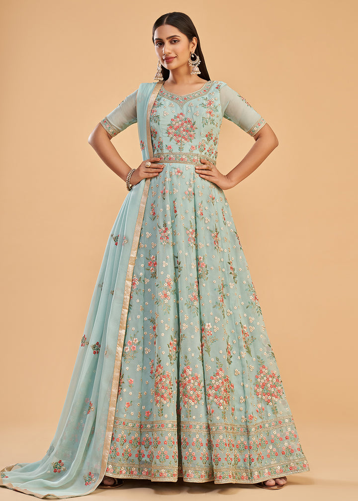 Buy Now Firozi Blue Multi Thread Embroidered Georgette Anarkali Gown Online in USA