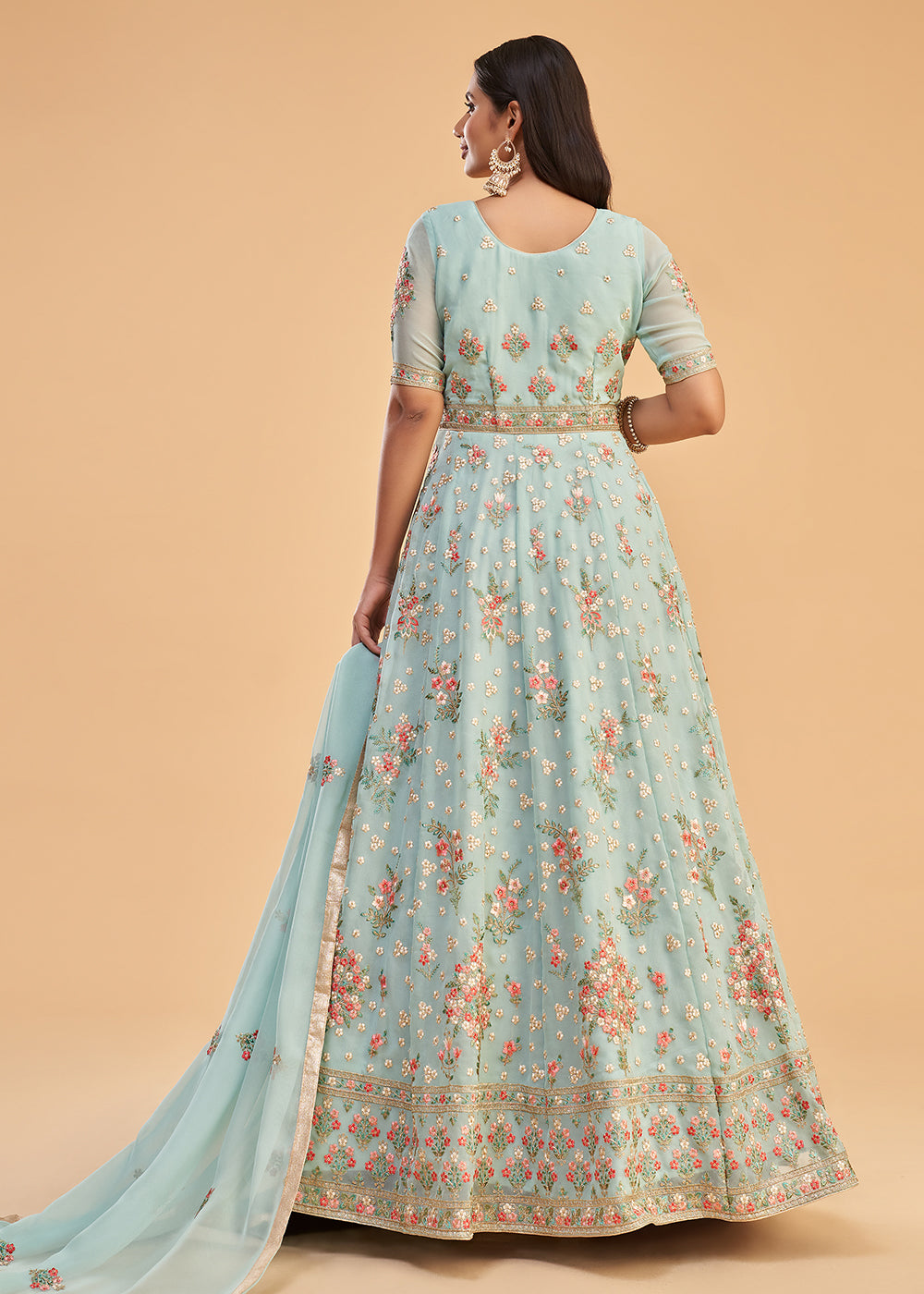 Buy Now Firozi Blue Multi Thread Embroidered Georgette Anarkali Gown Online in USA