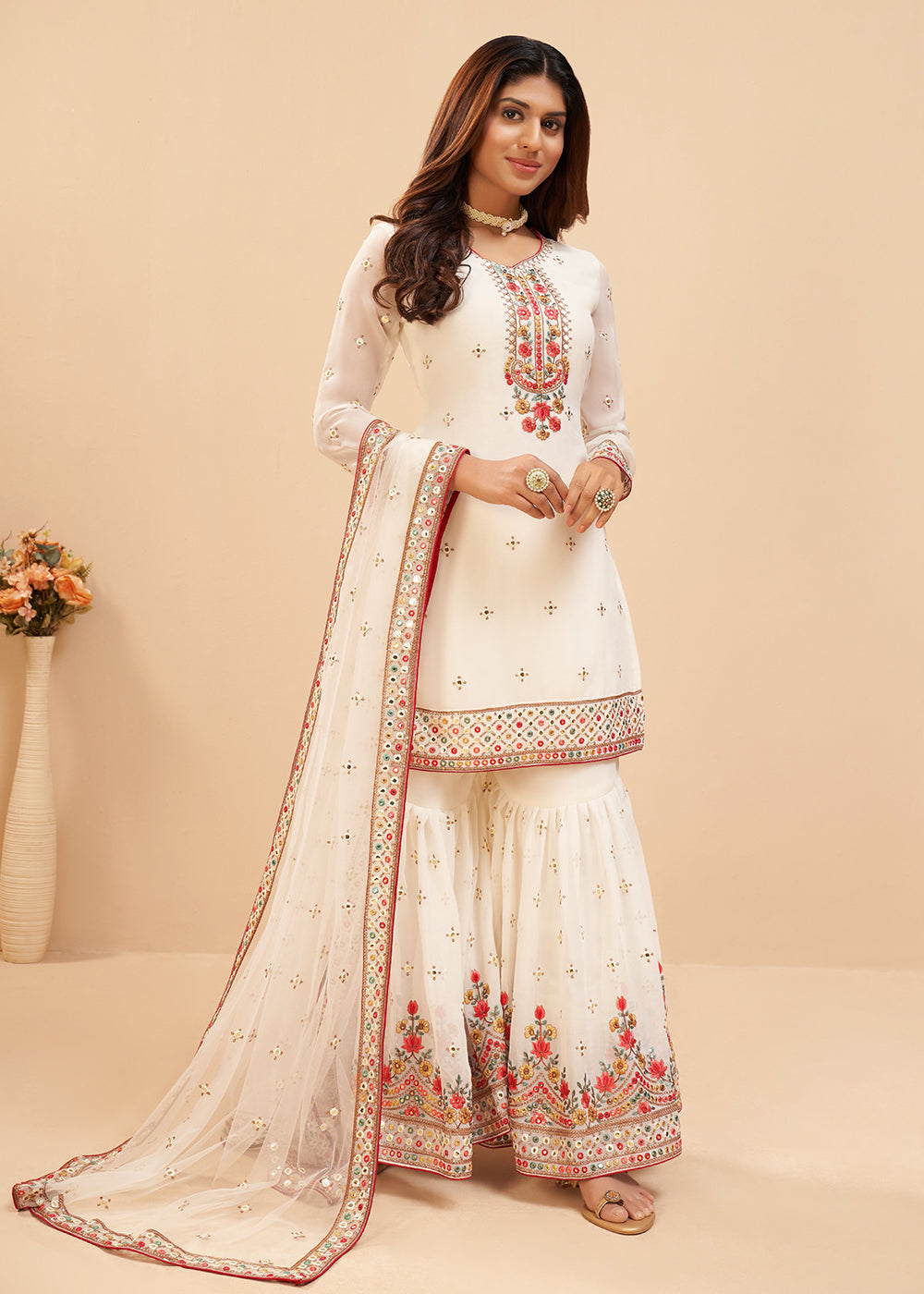 Shop Now Splendid Off White Wedding Embroidered Sharara Suit Online at Empress Clothing in USA, UK, Canada, Germany & Worldwide