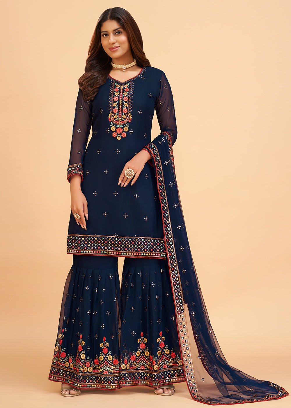 Shop Now Beguiling Dark Blue Wedding Embroidered Sharara Suit Online at Empress Clothing in USA, UK, Canada, Germany & Worldwide. 