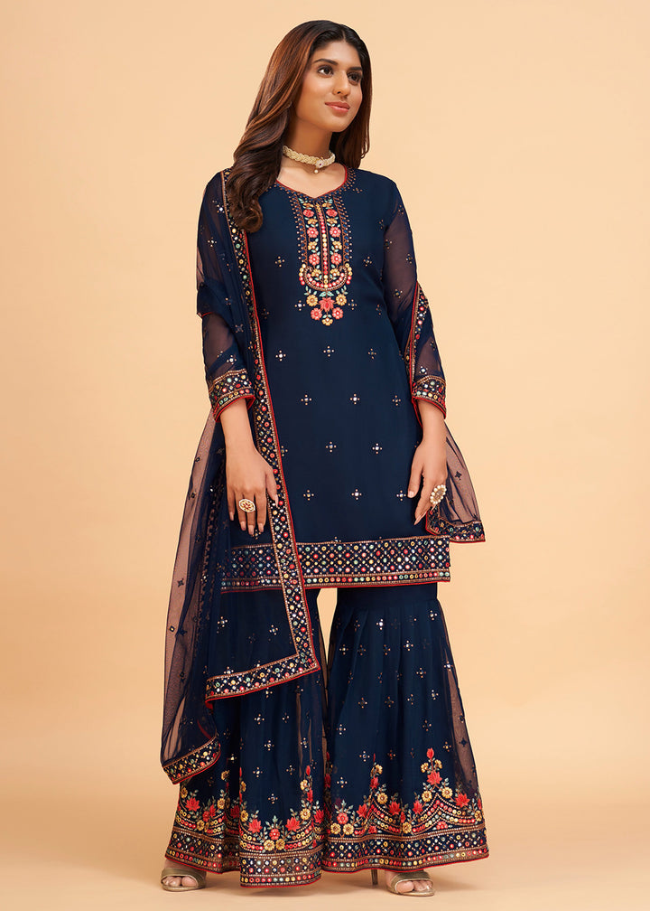 Shop Now Beguiling Dark Blue Wedding Embroidered Sharara Suit Online at Empress Clothing in USA, UK, Canada, Germany & Worldwide. 