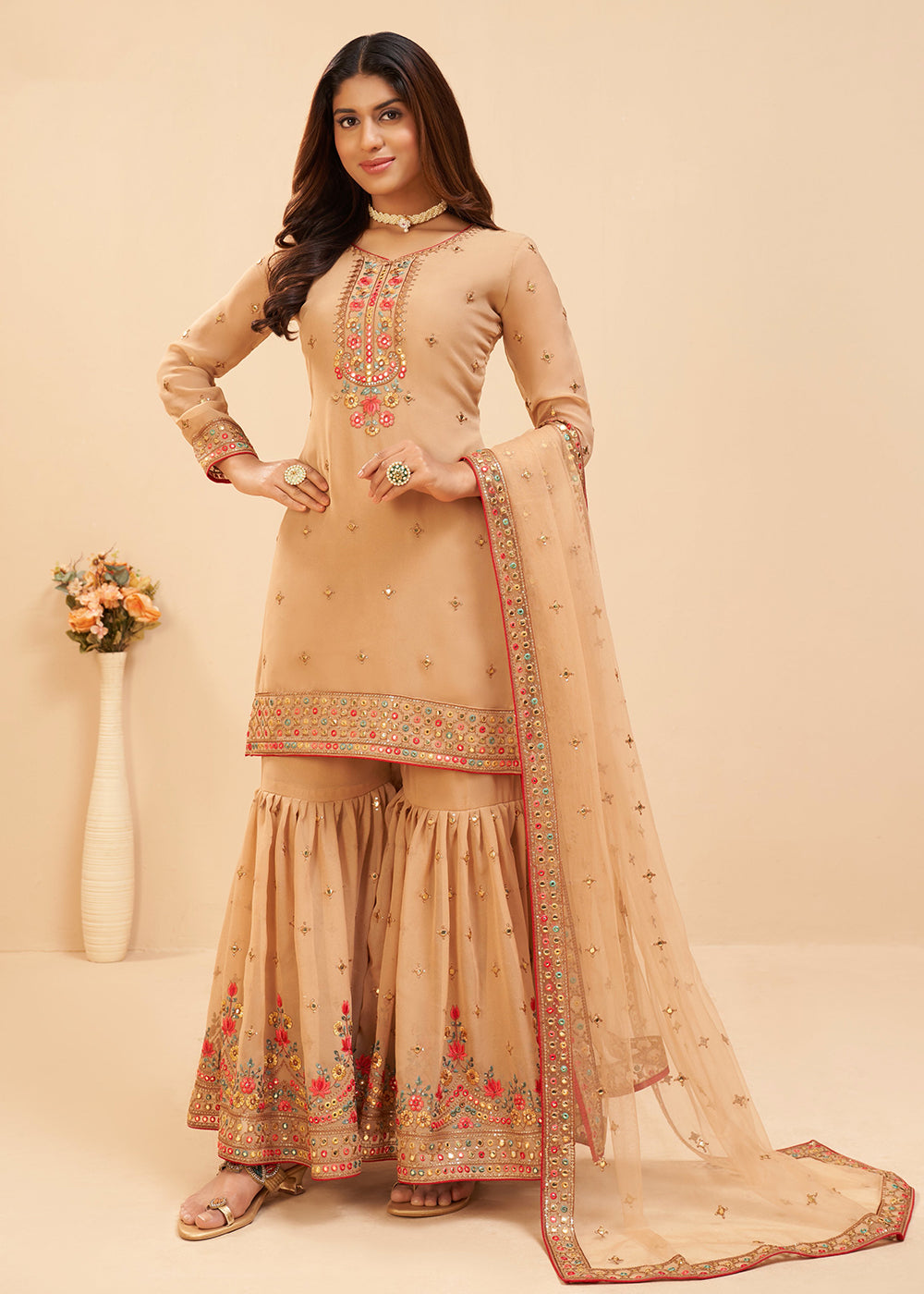 Shop Now Pretty Chikoo Beige Wedding Embroidered Sharara Suit Online at Empress Clothing in USA, UK, Canada, Germany & Worldwide.