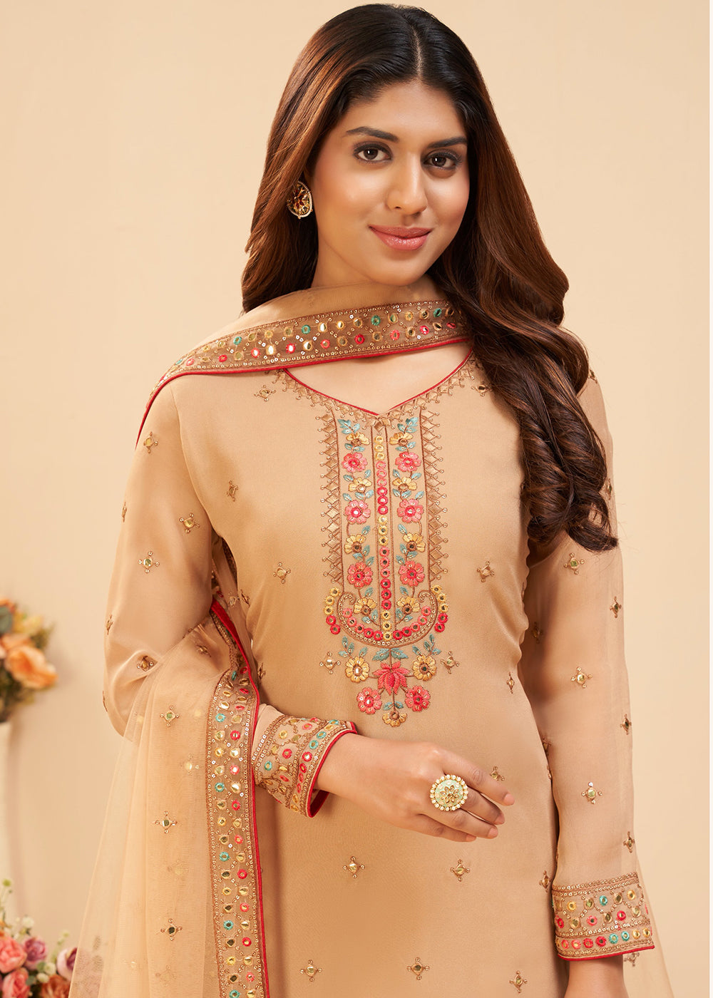 Shop Now Pretty Chikoo Beige Wedding Embroidered Sharara Suit Online at Empress Clothing in USA, UK, Canada, Germany & Worldwide.