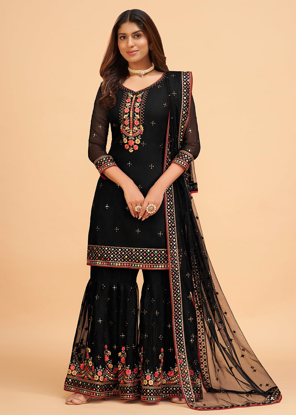 Shop Now Dazzling Black Wedding Embroidered Sharara Suit Online at Empress Clothing in USA, UK, Canada, Germany & Worldwide.