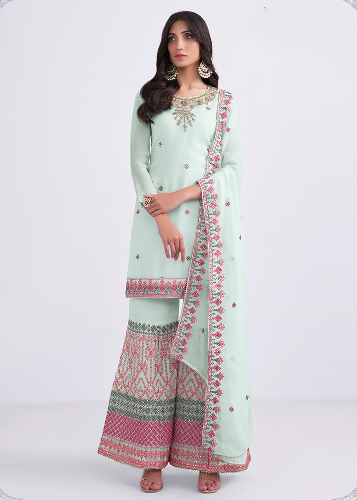 Shop Now Light Blue Sequins & Multi Thread Work Designer Sharara Suit Online at Empress Clothing in USA, UK, Canada, Germany & Worldwide. 