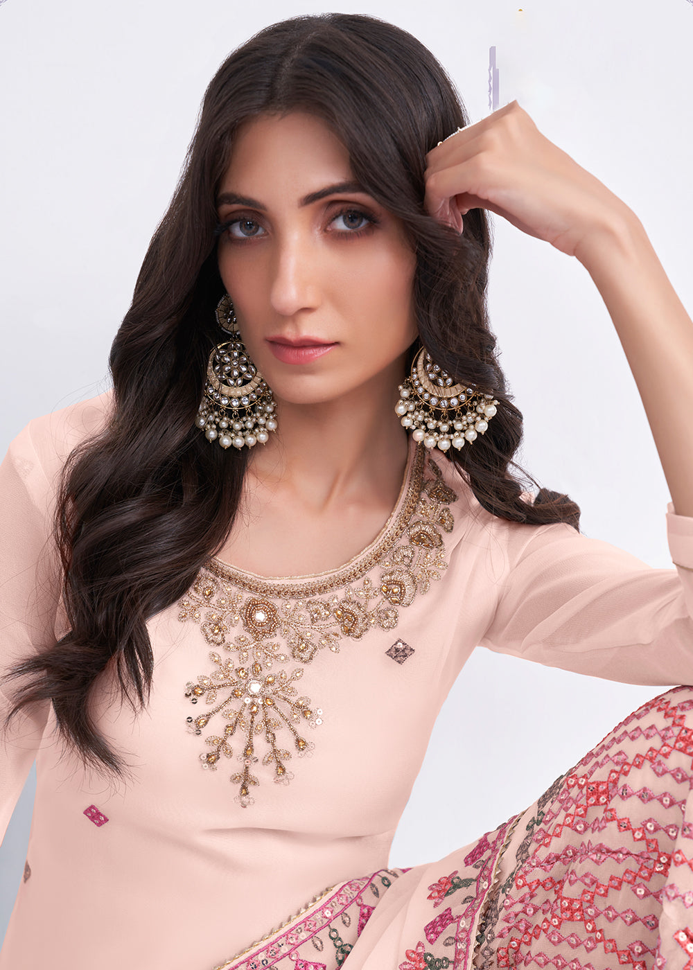 Shop Now Pretty Peach Sequins & Multi Thread Work Designer Sharara Suit Online at Empress Clothing in USA, UK, Canada, Germany & Worldwide. 