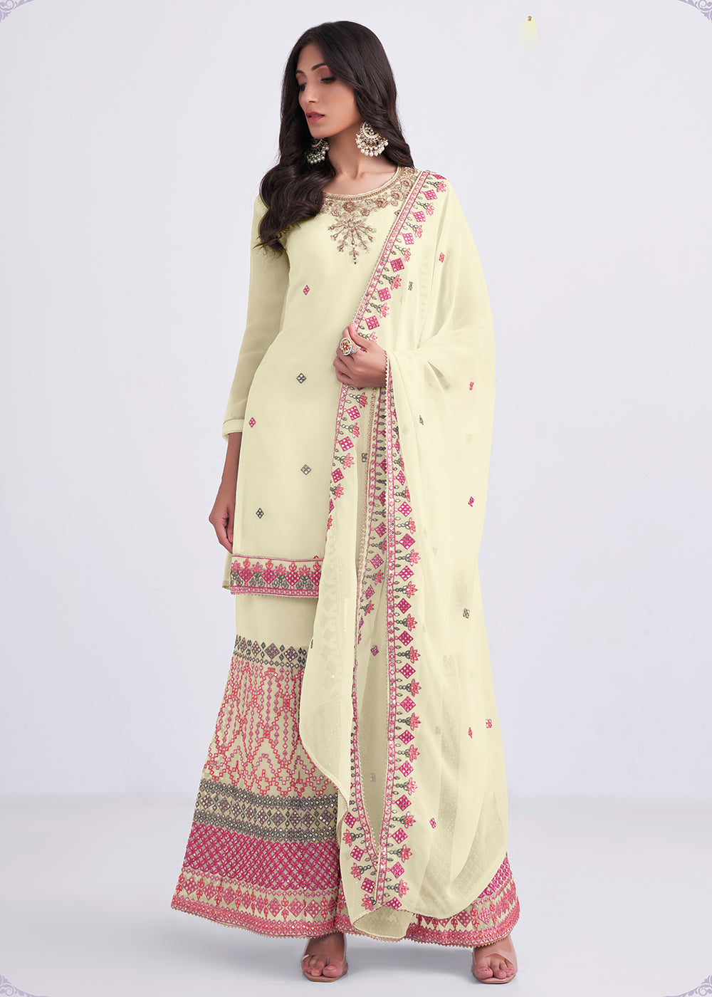 Shop Now Light Yellow Sequins & Multi Thread Work Designer Sharara Suit Online at Empress Clothing in USA, UK, Canada, Germany & Worldwide.