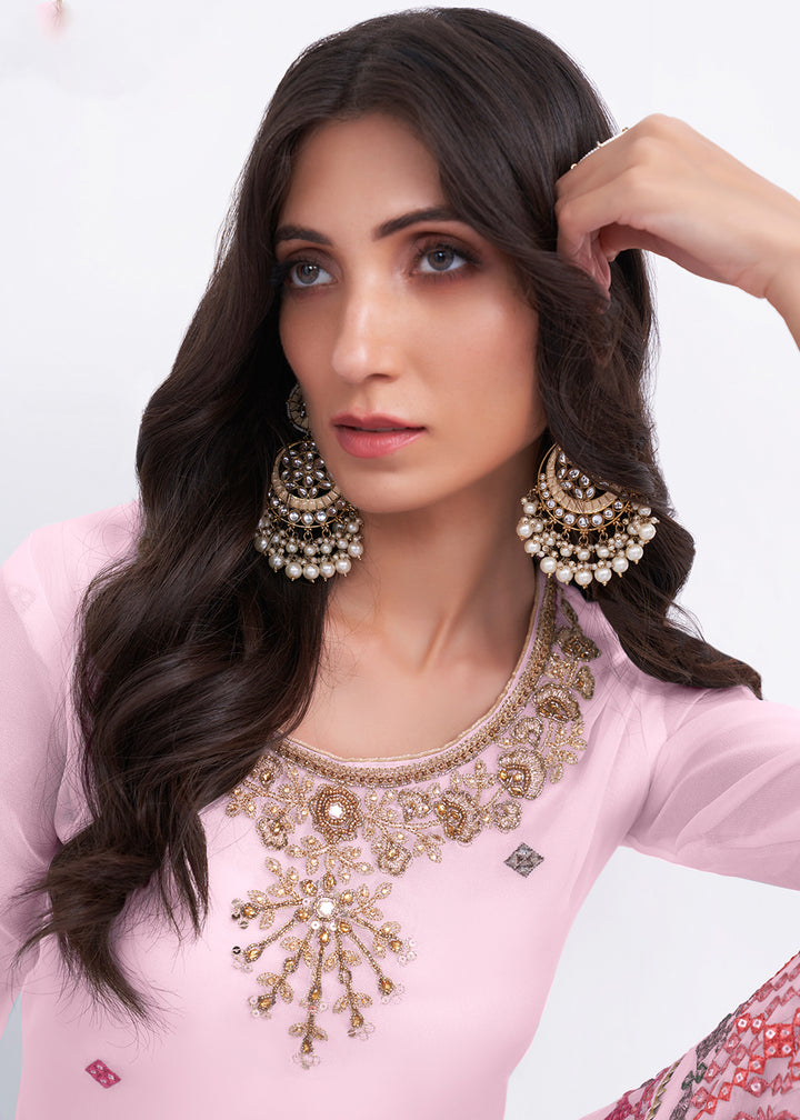 Shop Now Light Pink Sequins & Multi Thread Work Designer Sharara Suit Online at Empress Clothing in USA, UK, Canada, Germany & Worldwide.