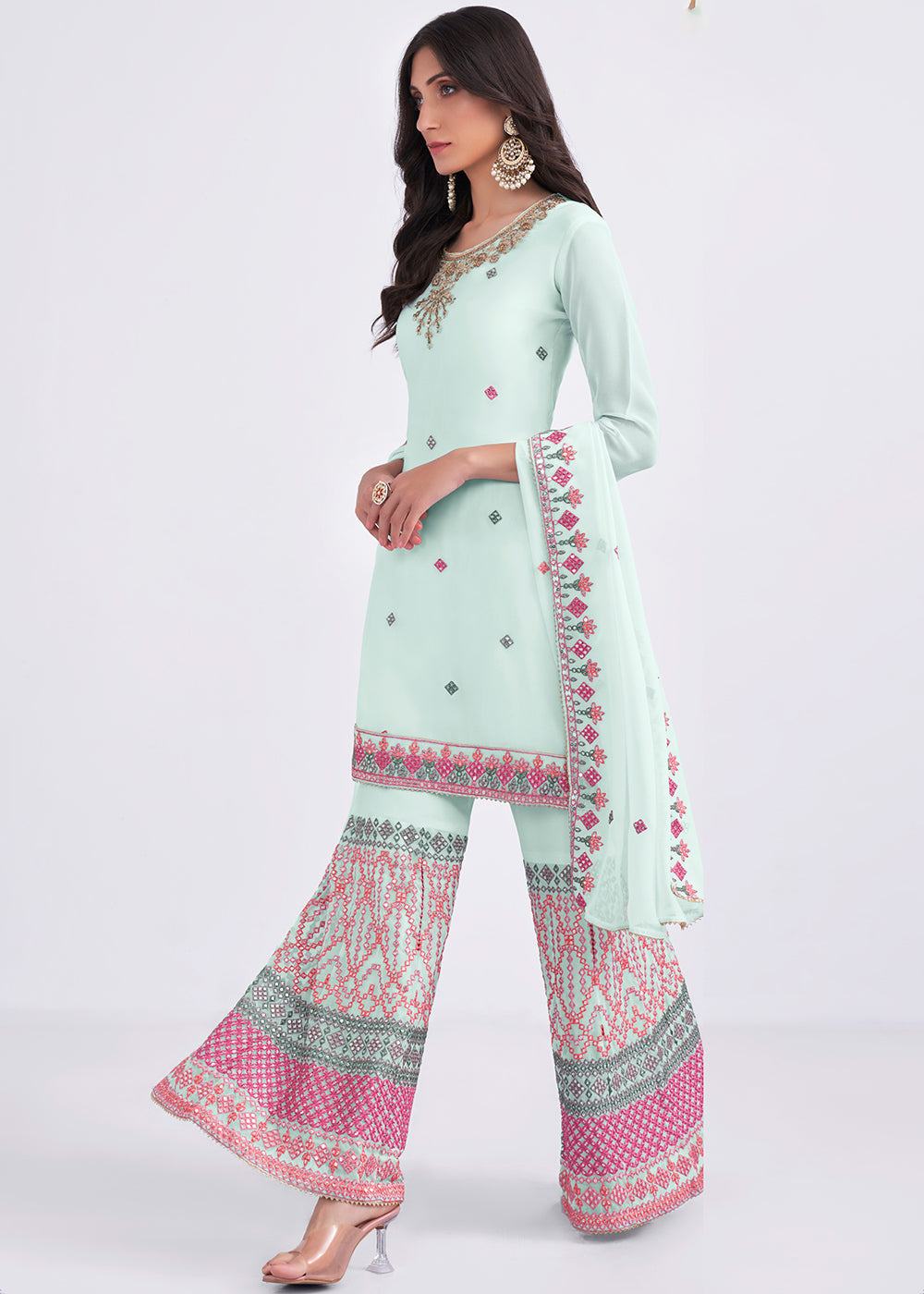 Shop Now Light Blue Sequins & Multi Thread Work Designer Sharara Suit Online at Empress Clothing in USA, UK, Canada, Germany & Worldwide. 