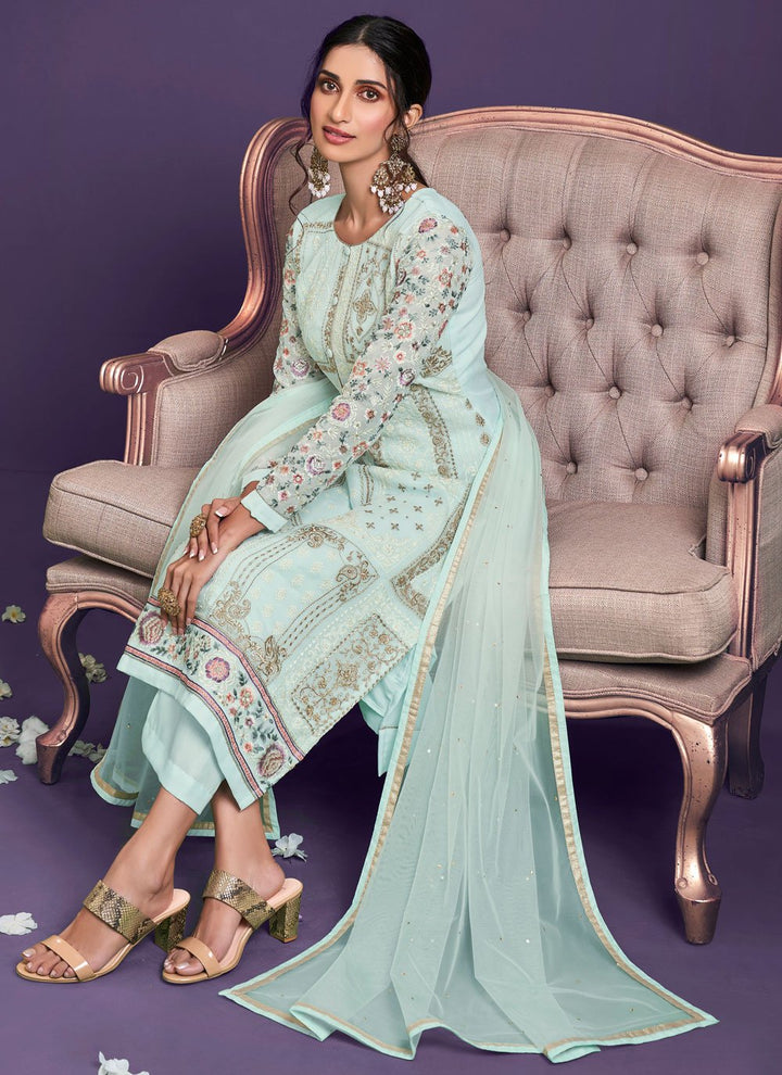 Buy Light Blue Pakistani Style Suit  Georgette Embroidered Salwar Suit