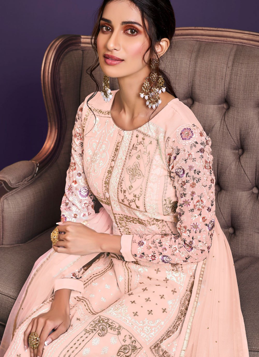 Buy Pale Peach Pakistani Style Suit  Georgette Embroidered Salwar Suit