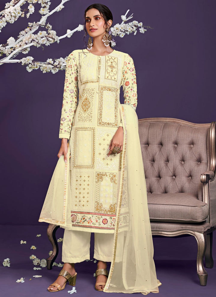 Buy Lime Yellow Pakistani Style Suit - Georgette Embroidered Suit