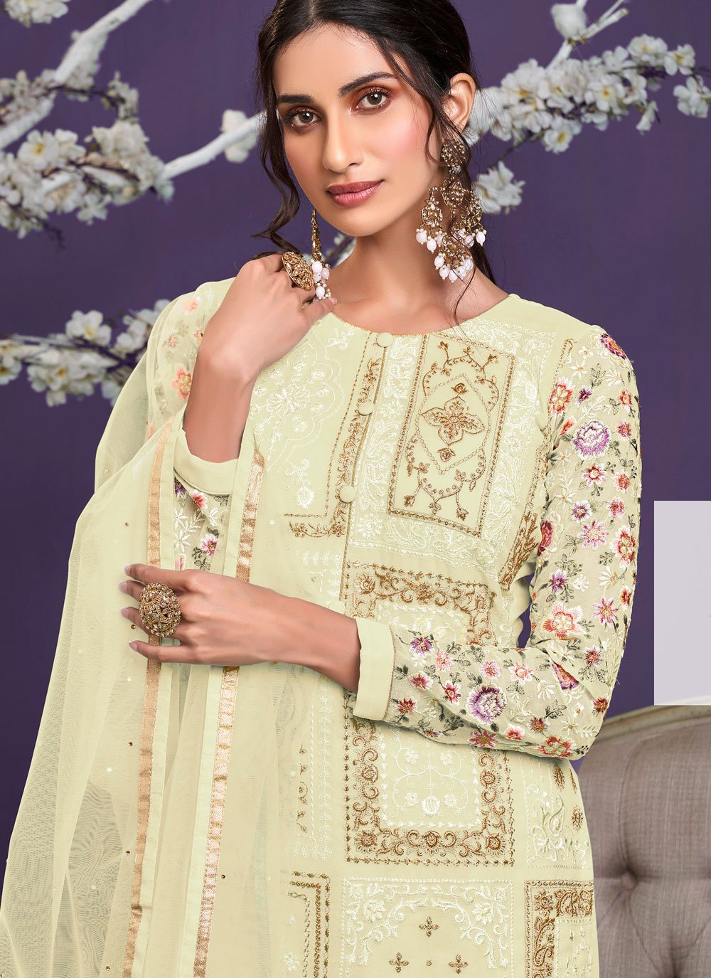 Buy Lime Yellow Pakistani Style Suit - Georgette Embroidered Suit