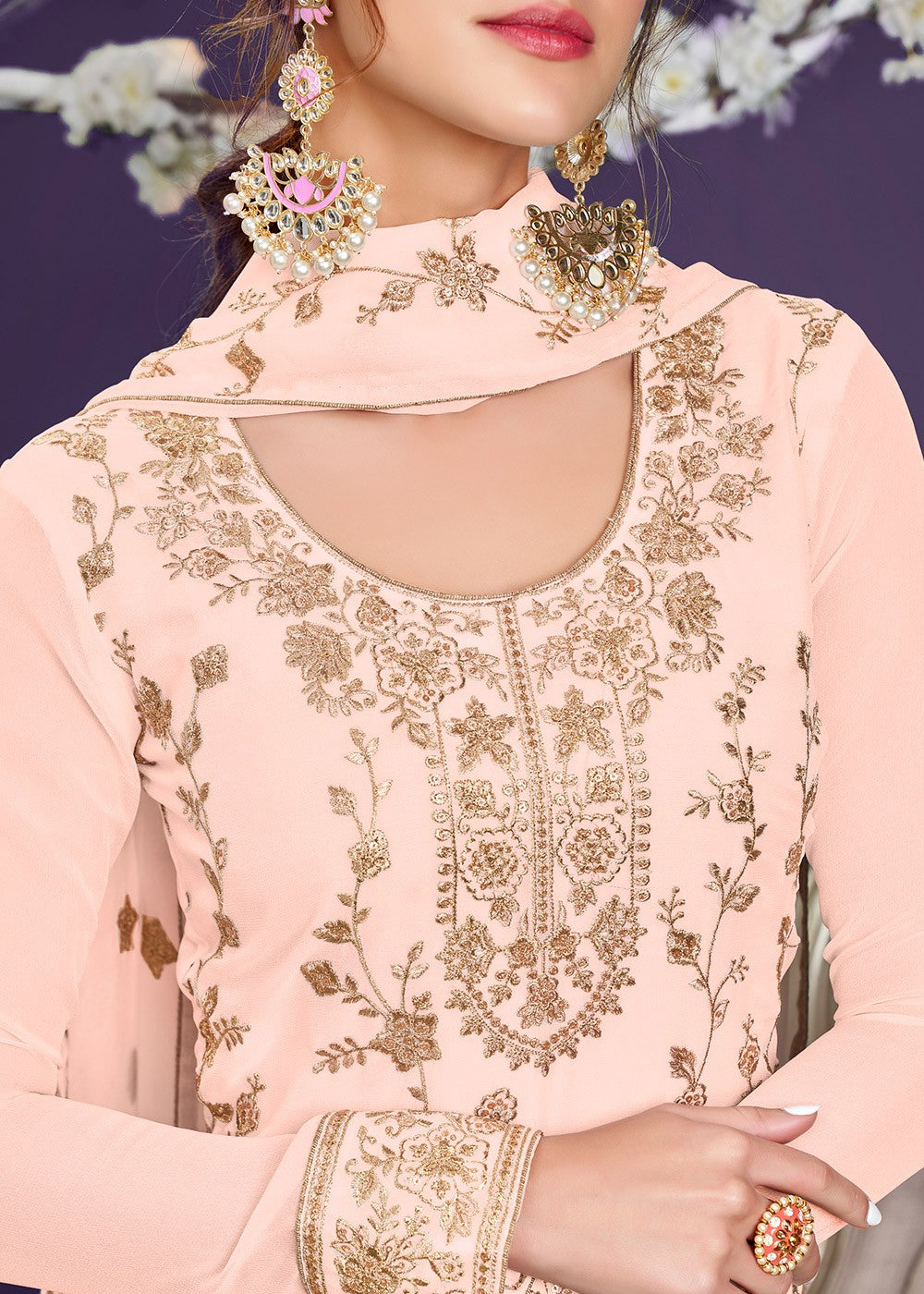 Buy Ethnic Peach Pakistani Style Suit - Georgette Embroidered Suit