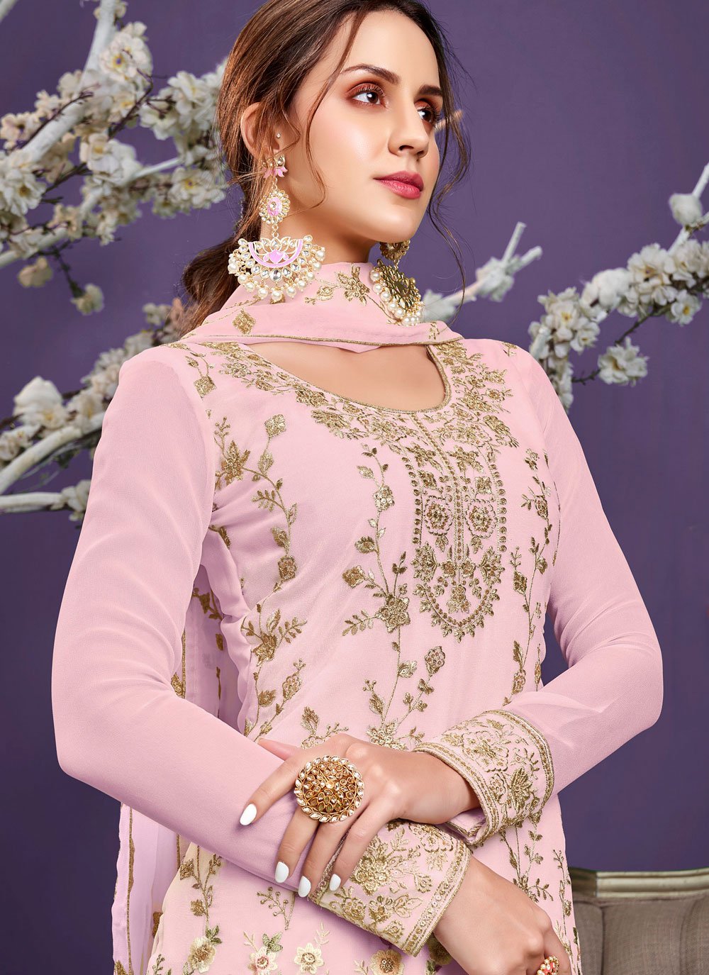 Buy Baby Pink Pakistani Style Suit - Georgette Embroidered Suit