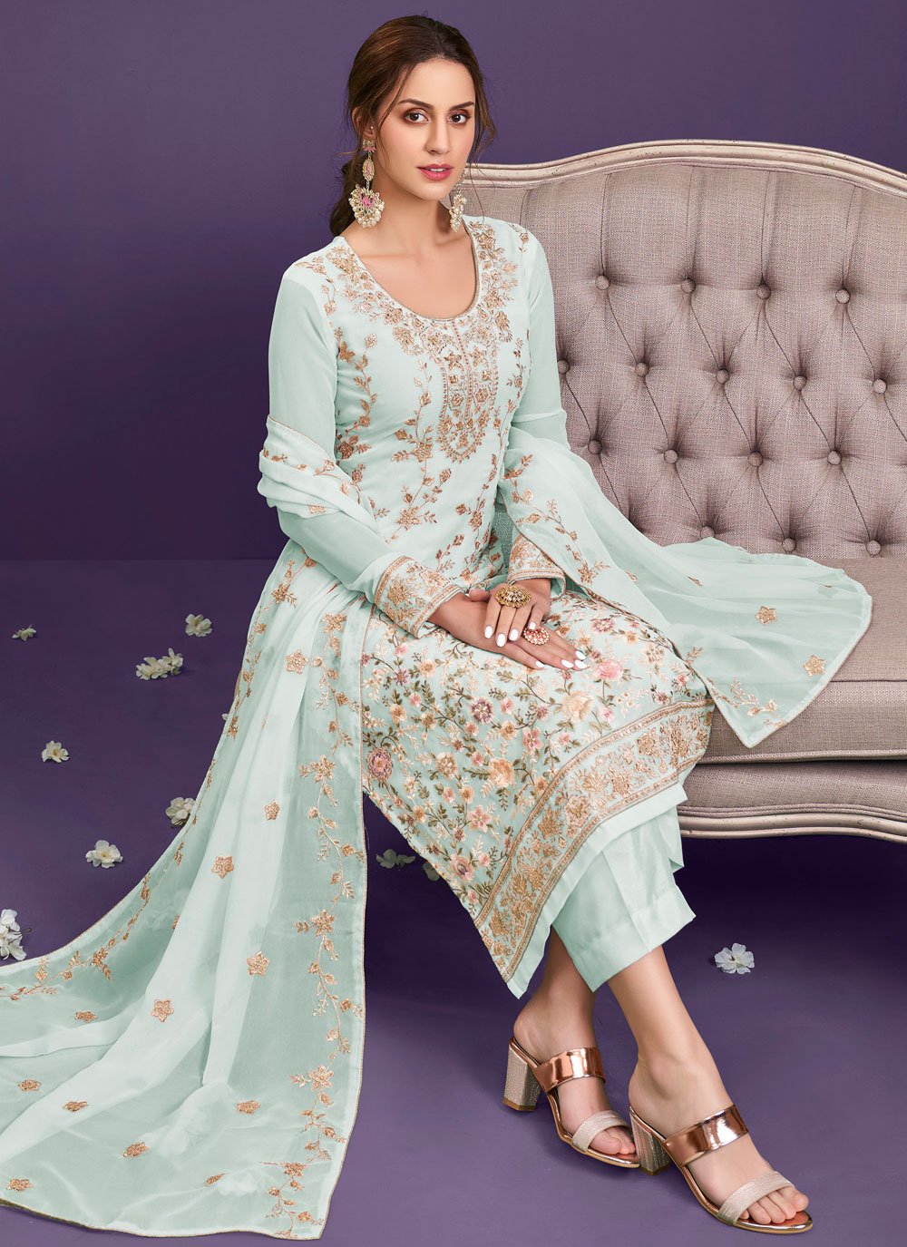 Buy Mint Blue Pakistani Style Suit - Georgette Embroidered Suit